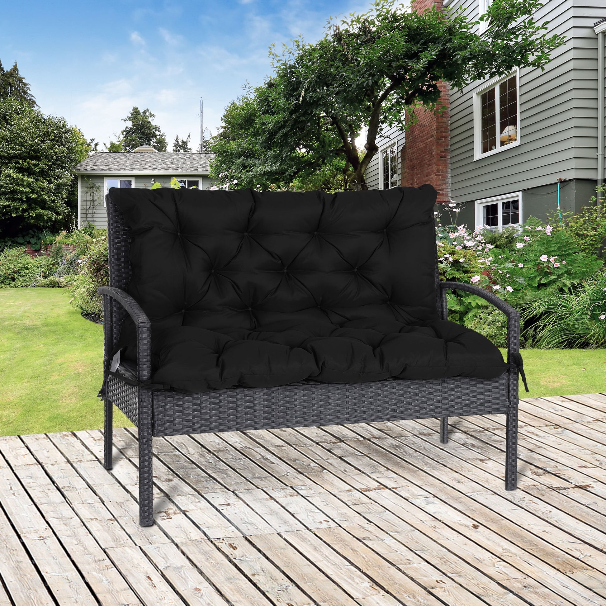 Outsunny Cojín para Banco con Respaldo Cojín de Palet de 2 Plazas Cojín de Columpio Cojín de Jardín con 6 Cordones de Fijación 100x98x8 cm Negro