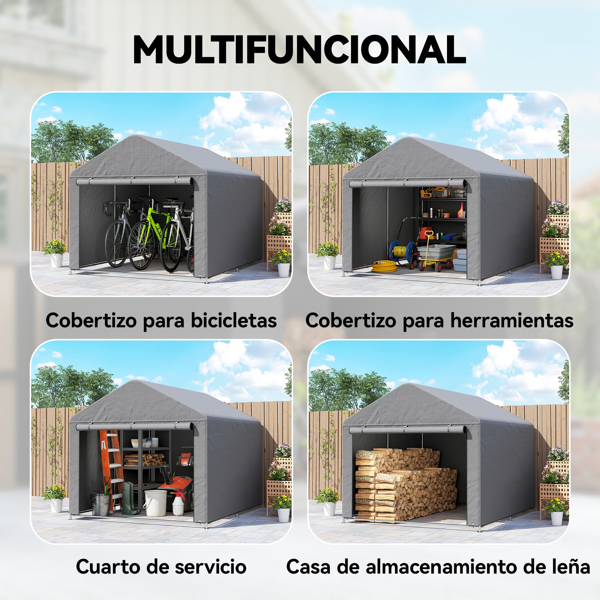 Outsunny Carpa de Jardín Exterior para Herramientas, Bicicletas, 2,4x2x2 m, Cobertizo Exterior con Marco Metal Galvanizado, Puerta Enrollable con Cremallera, Impermeable, UV30+, Garaje Portátil, Gris