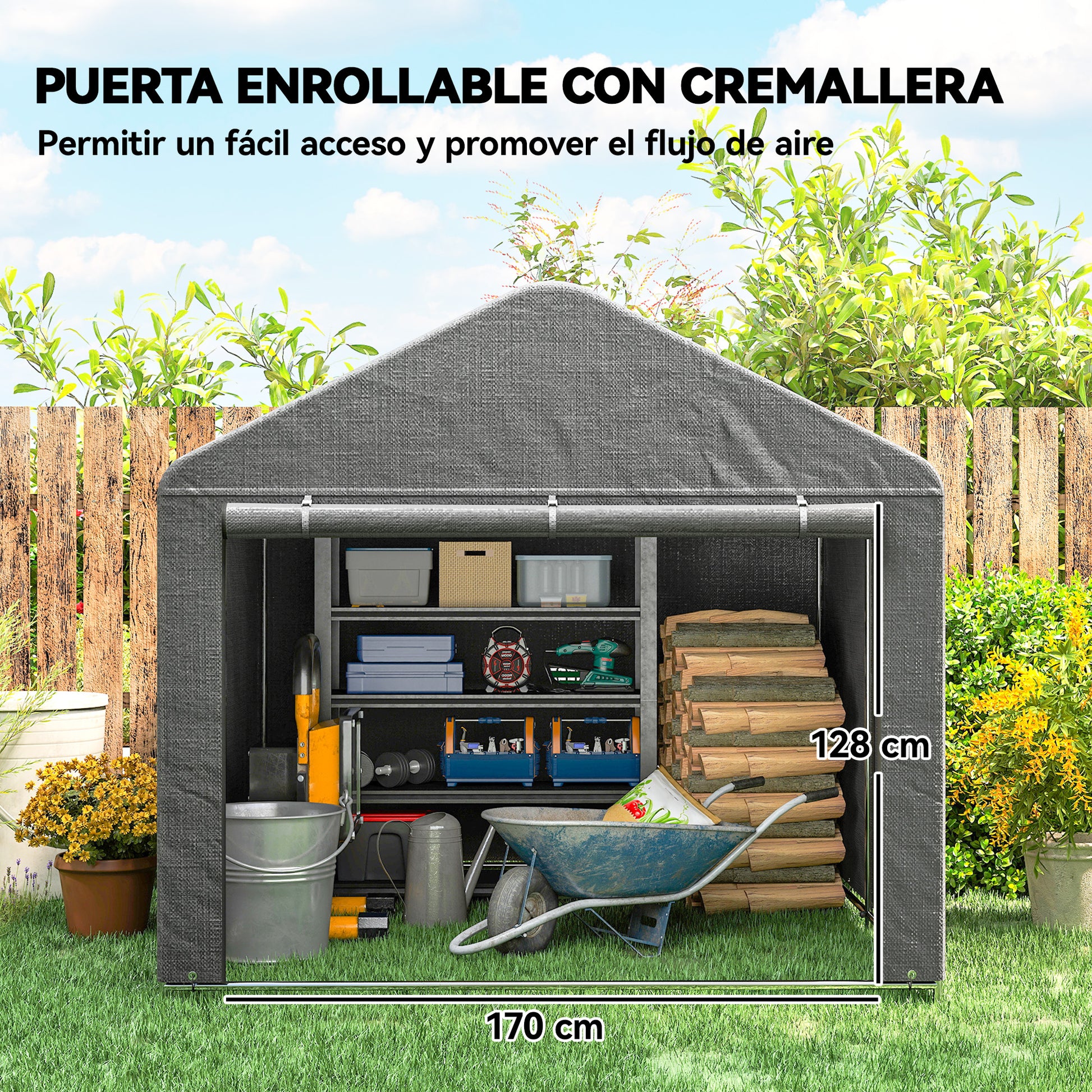 Outsunny Carpa de Jardín Exterior para Herramientas, Bicicletas, 2,4x2x2 m, Cobertizo Exterior con Marco Metal Galvanizado, Puerta Enrollable con Cremallera, Impermeable, UV30+, Garaje Portátil, Gris