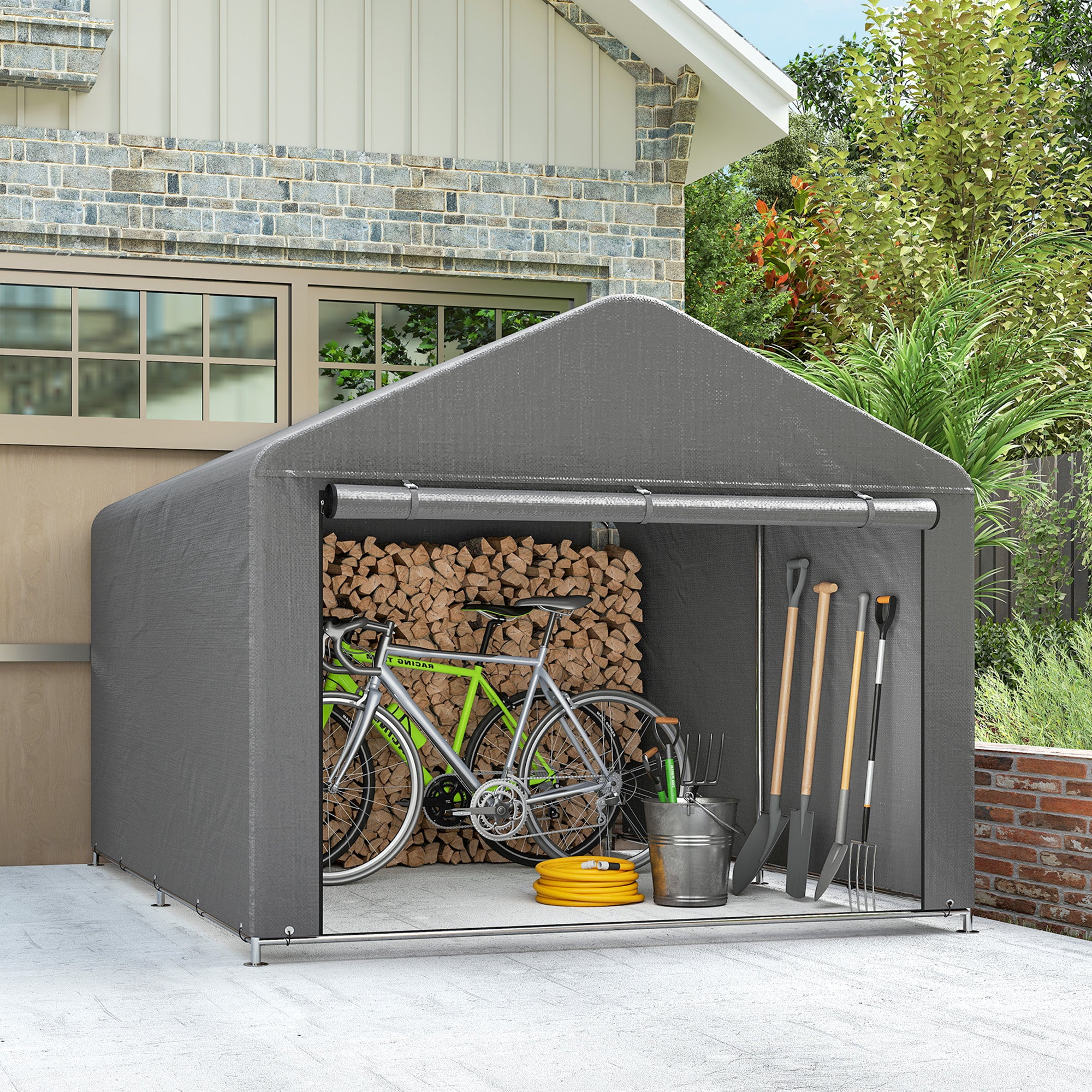 Outsunny Carpa de Jardín Exterior para Herramientas, Bicicletas, 2,4x2x2 m, Cobertizo Exterior con Marco Metal Galvanizado, Puerta Enrollable con Cremallera, Impermeable, UV30+, Garaje Portátil, Gris