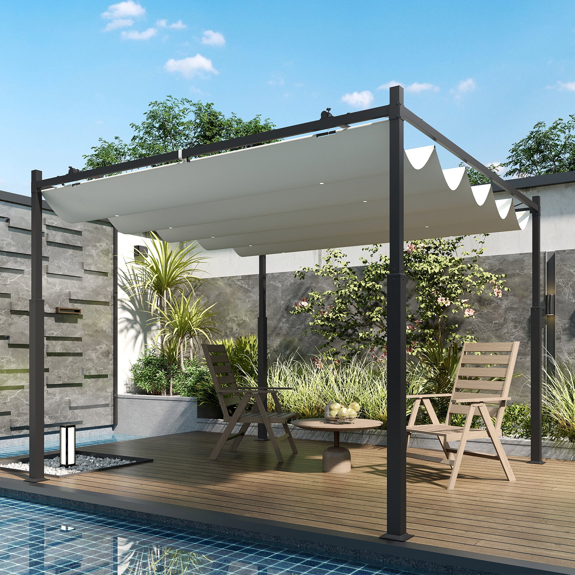 Outsunny Pérgola de Jardín 3x3 m con Techo Retráctil y Accesorio Magnético, Cenador de Jardín con Protección UV30+, Columnas Metálicas y Ganchos, Pabellón para Patio, Terraza, Exterior, Blanco Crema