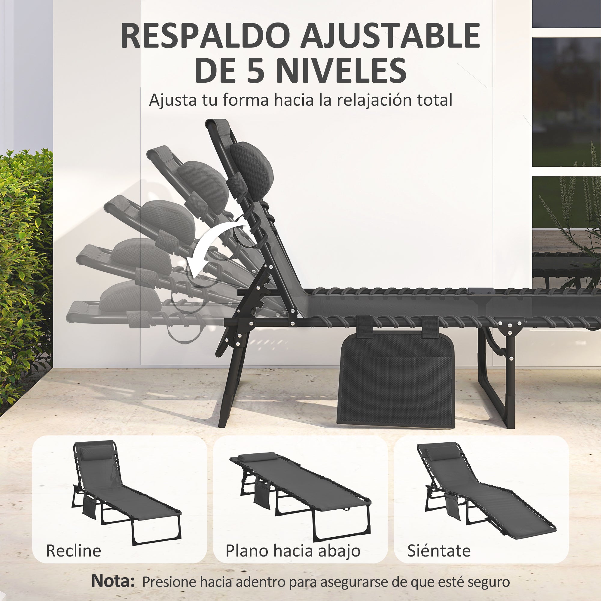 Outsunny Tumbona Plegable, Tumbona Jardín Exterior Reclinable 5 Posiciones, con Reposacabezas Acolchado, Bolsillo Lateral y Estructura de Acero, para Terraza, Piscina, 189x58x30 cm, Negro