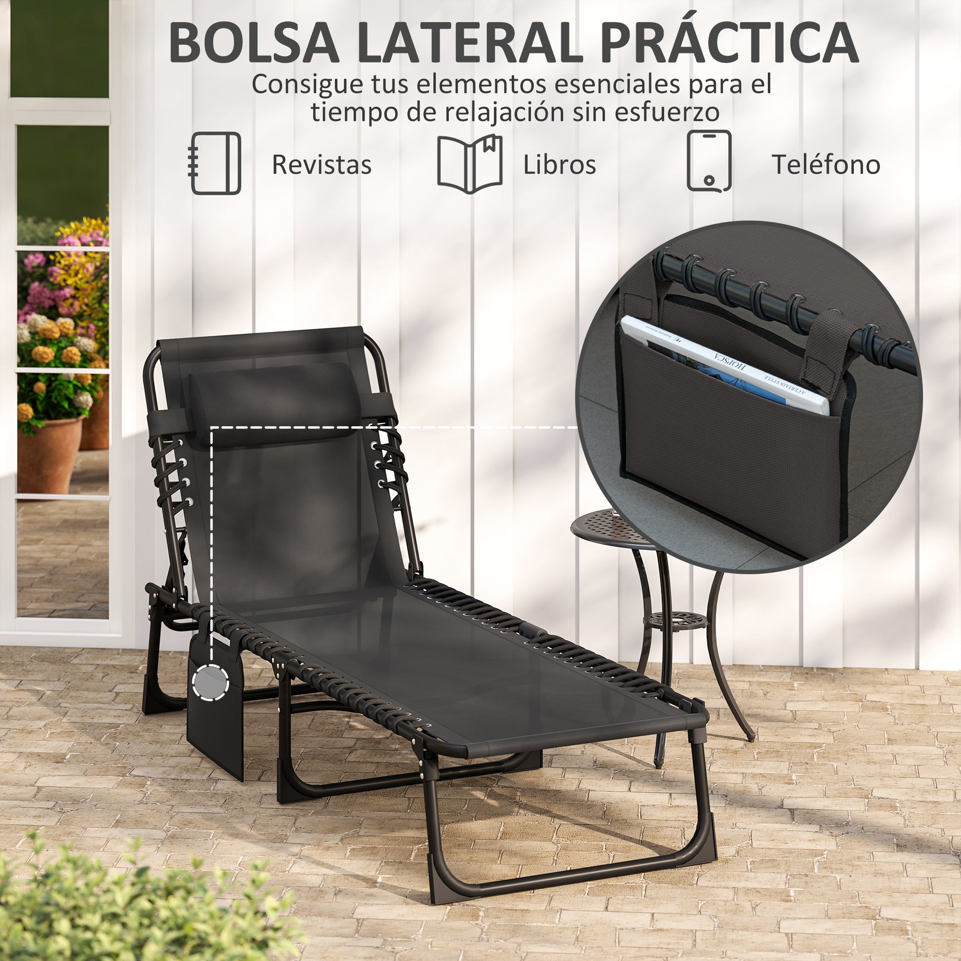 Outsunny Tumbona Plegable, Tumbona Jardín Exterior Reclinable 5 Posiciones, con Reposacabezas Acolchado, Bolsillo Lateral y Estructura de Acero, para Terraza, Piscina, 189x58x30 cm, Negro