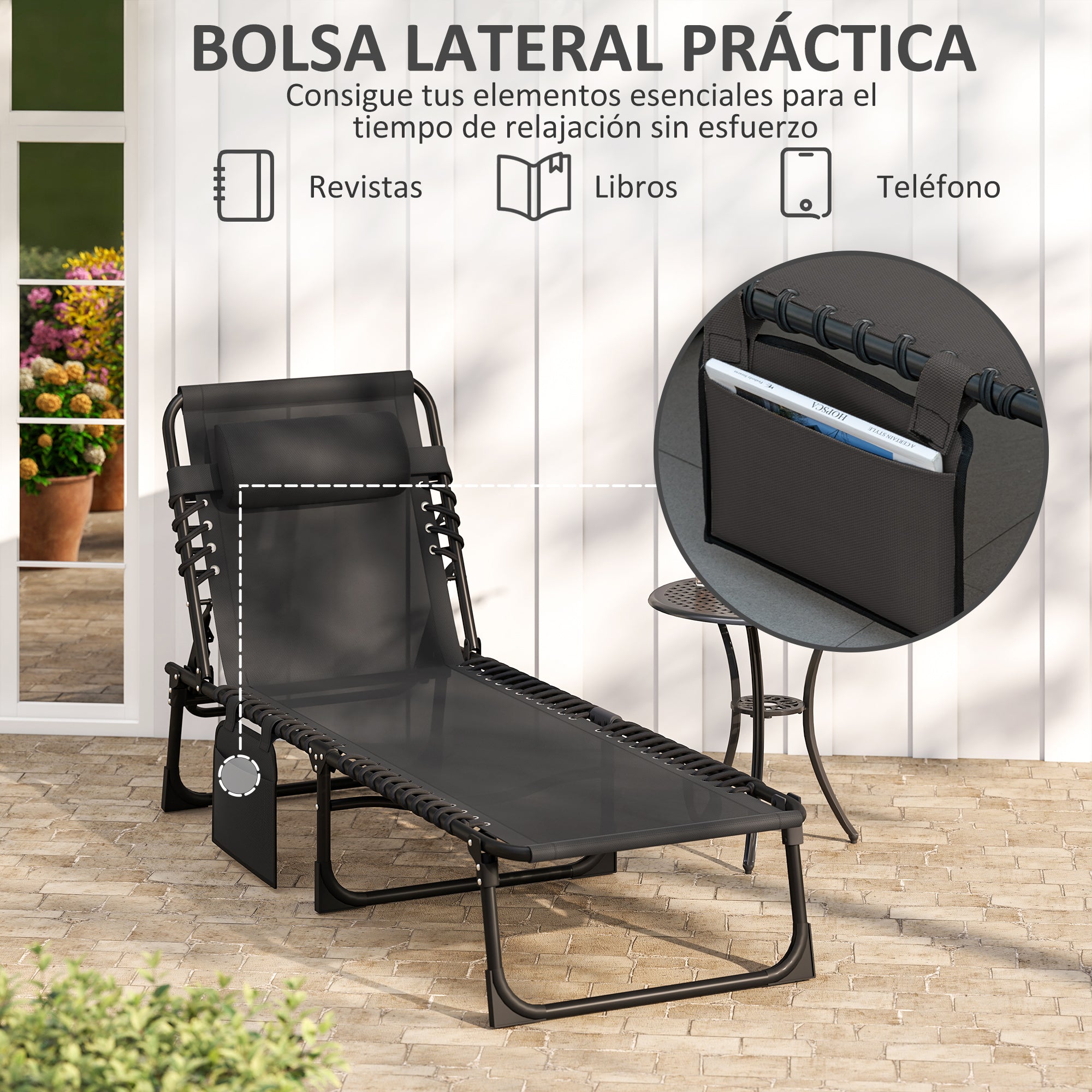 Outsunny Tumbona Plegable, Tumbona Jardín Exterior Reclinable 5 Posiciones, con Reposacabezas Acolchado, Bolsillo Lateral y Estructura de Acero, para Terraza, Piscina, 189x58x30 cm, Negro