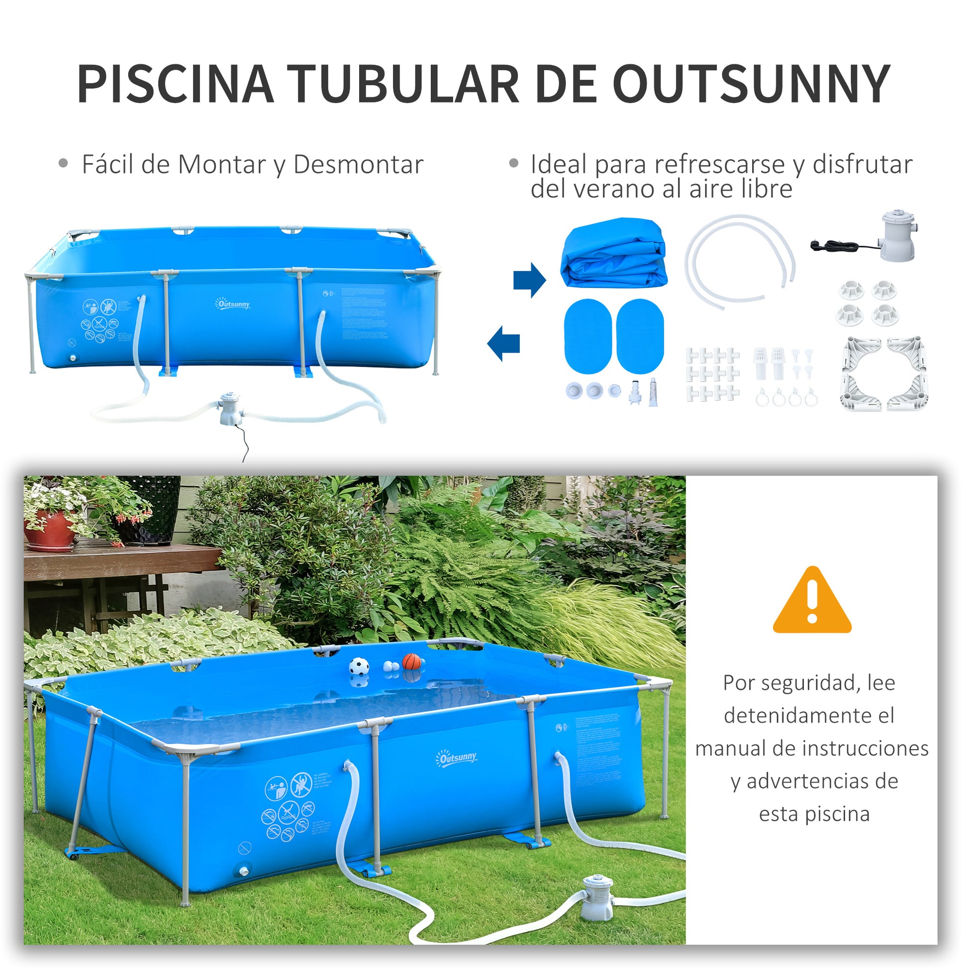 Outsunny Piscina Desmontable Tubular 292x190x75 cm con Depuradora de Cartucho 1200L/H Piscina Rectangular de Exterior para Adultos y Niños 3600L Azul