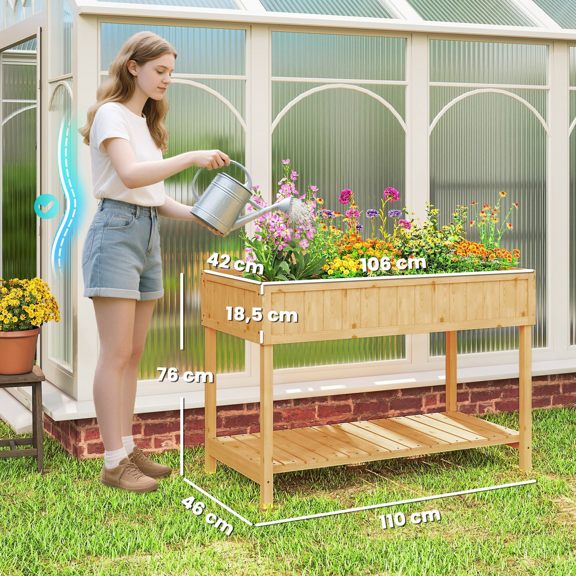 Outsunny Huerto Urbano de Madera, Mesa de Cultivo con Estante Inferior, Jardinera Elevada para Cultivo, Plantas, Flores y Verduras, 110x46x76 cm, Natural
