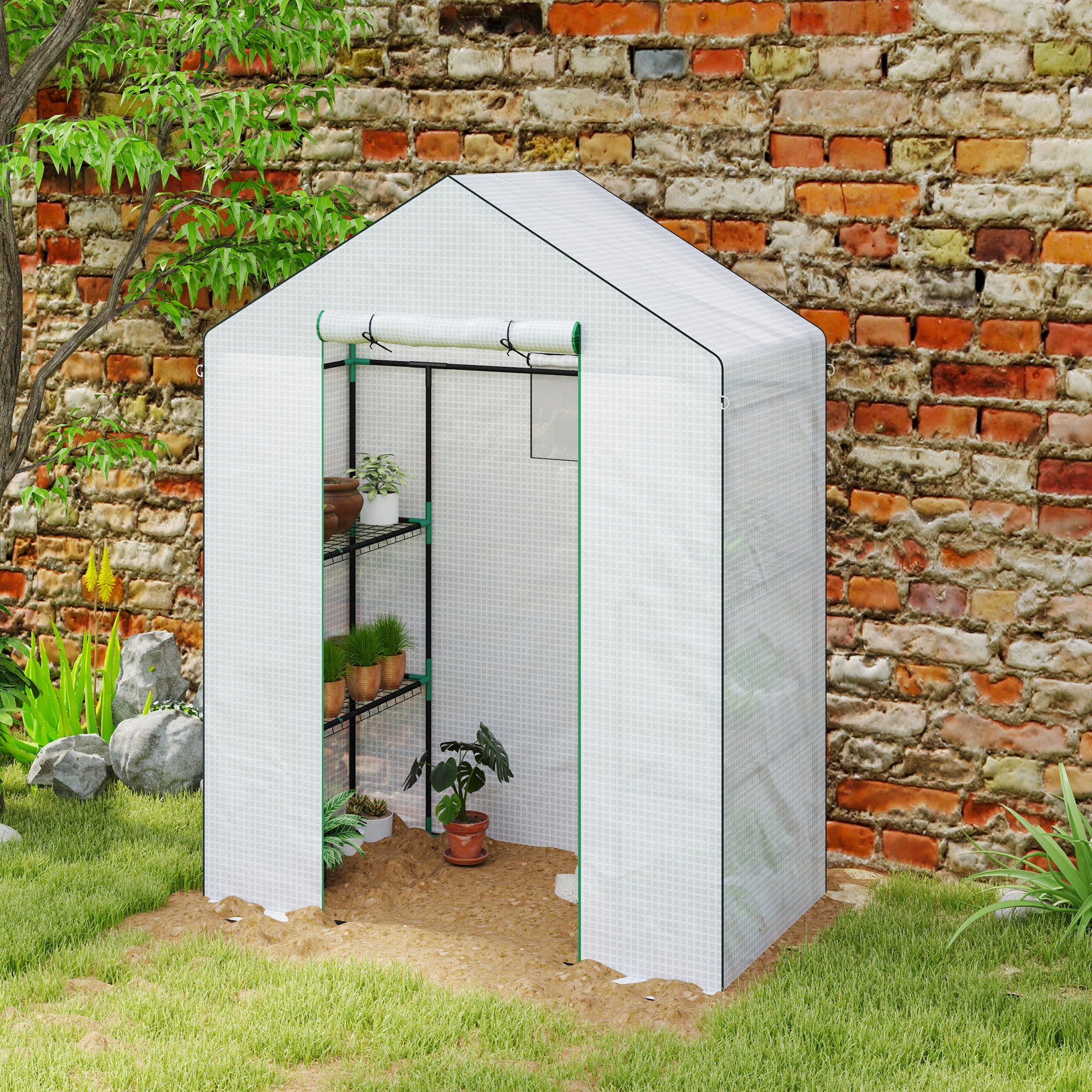 Outsunny Invernadero de Exterior de 3 Niveles Invernadero de Jardín con Puerta Enrollable 2 Ventanas Estantes en Forma de U para Cultivo de Plantas en Terraza Patio 140x73x190 cm Blanco