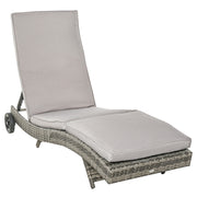 Outsunny Tumbona de Ratán Reclinable Tumbona de Jardín en Forma de S con 2 Ruedas Respaldo Ajustable en 5 Posiciones y Cojín Extraíble para Patio Terraza 207x70x70 cm Gris Claro