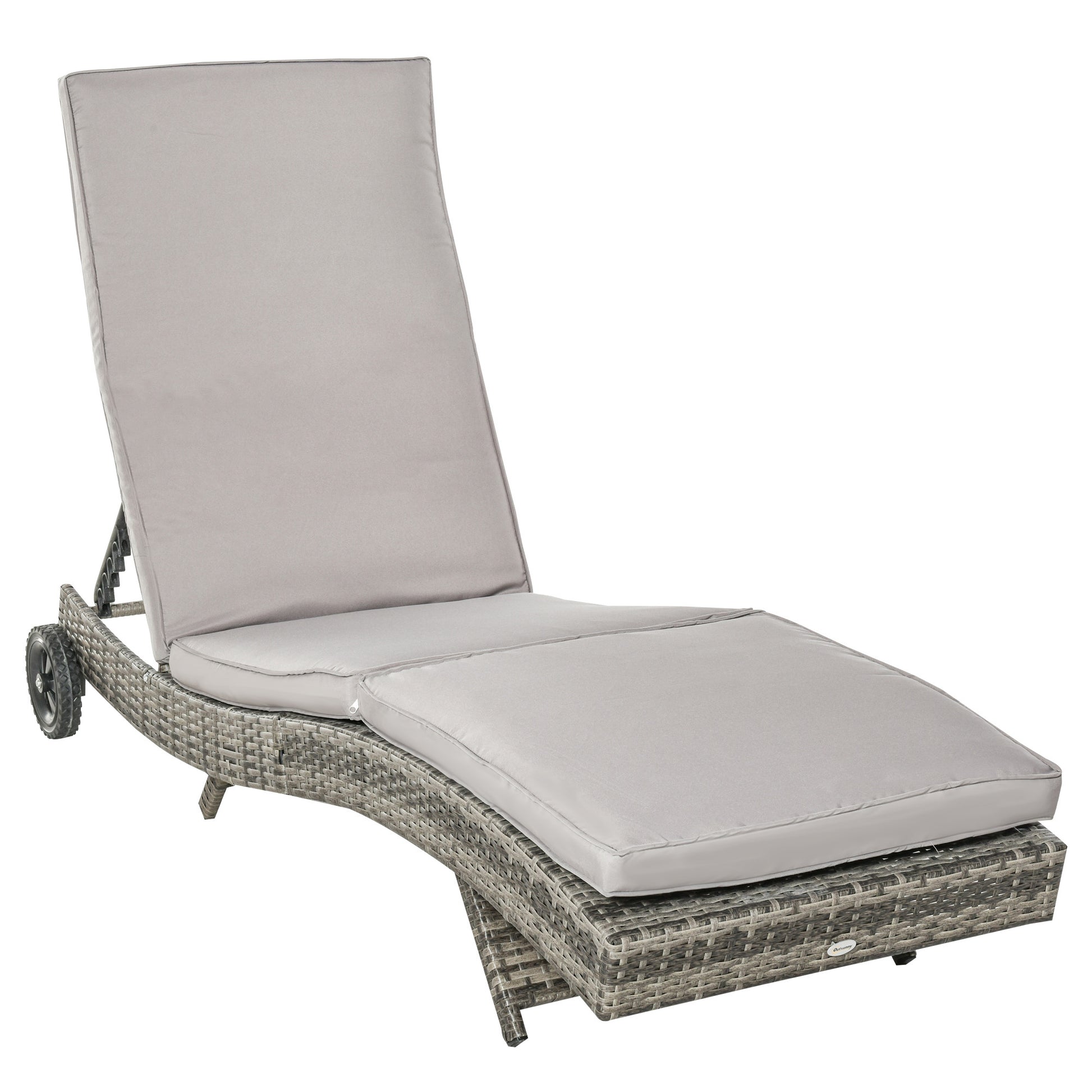 Outsunny Tumbona de Ratán Reclinable Tumbona de Jardín en Forma de S con 2 Ruedas Respaldo Ajustable en 5 Posiciones y Cojín Extraíble para Patio Terraza 207x70x70 cm Gris Claro