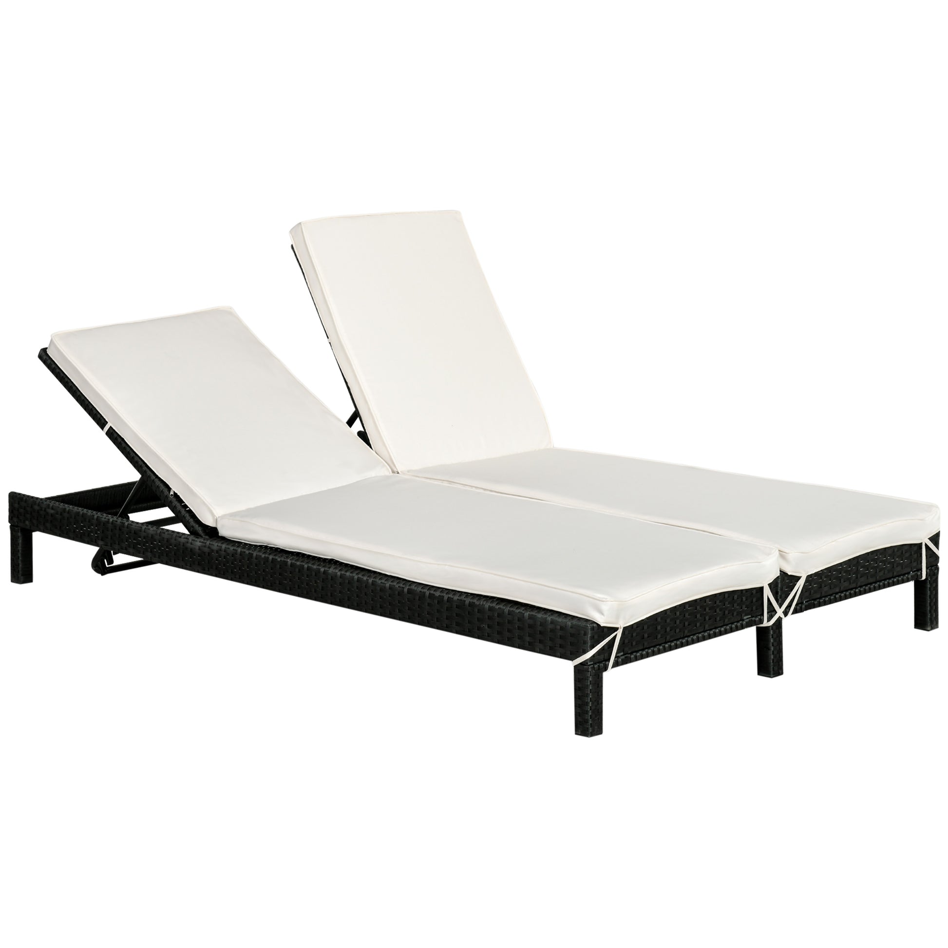 Outsunny Conjunto de Tumbona Exterior de Ratán 2 Plazas con Cojines Acolchados Resistente al Agua con Respaldo Regulable de 5 Niveles Soporta 220 kg 195x120x28 cm Negro