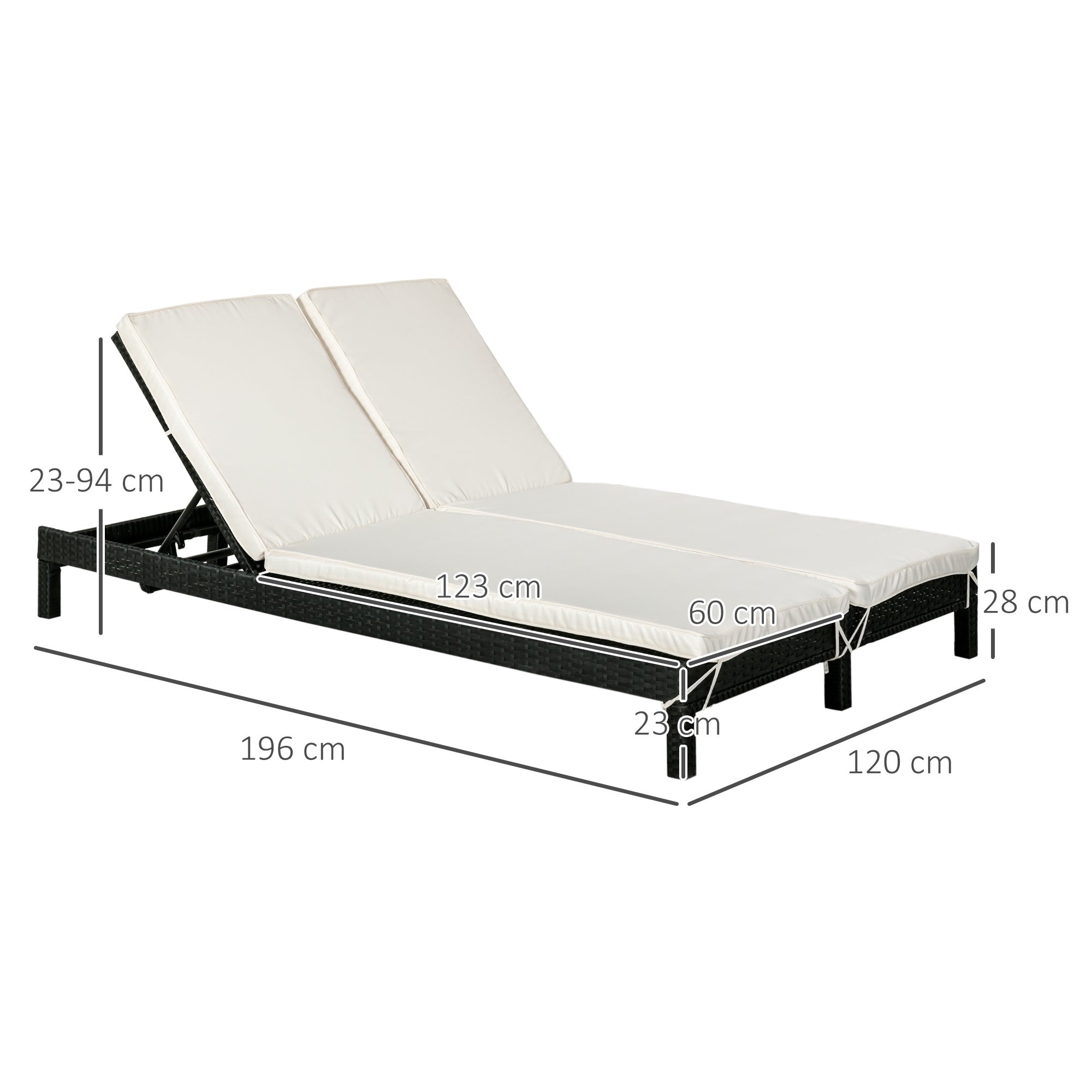 Outsunny Conjunto de Tumbona Exterior de Ratán 2 Plazas con Cojines Acolchados Resistente al Agua con Respaldo Regulable de 5 Niveles Soporta 220 kg 195x120x28 cm Negro
