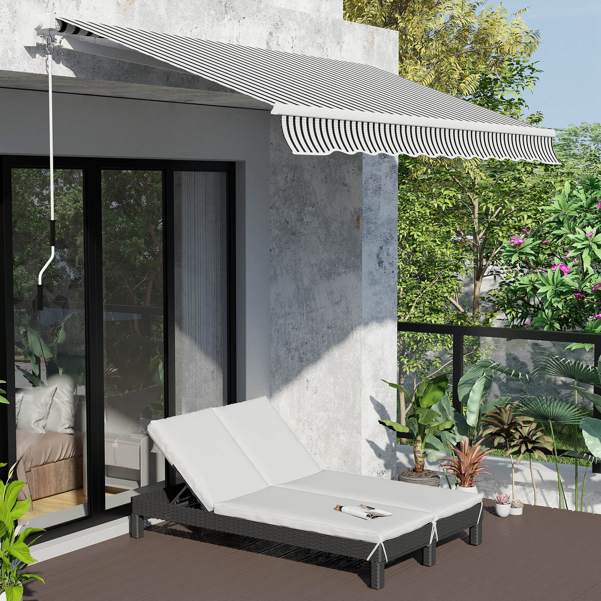 Outsunny Conjunto de Tumbona Exterior de Ratán 2 Plazas con Cojines Acolchados Resistente al Agua con Respaldo Regulable de 5 Niveles Soporta 220 kg 195x120x28 cm Negro