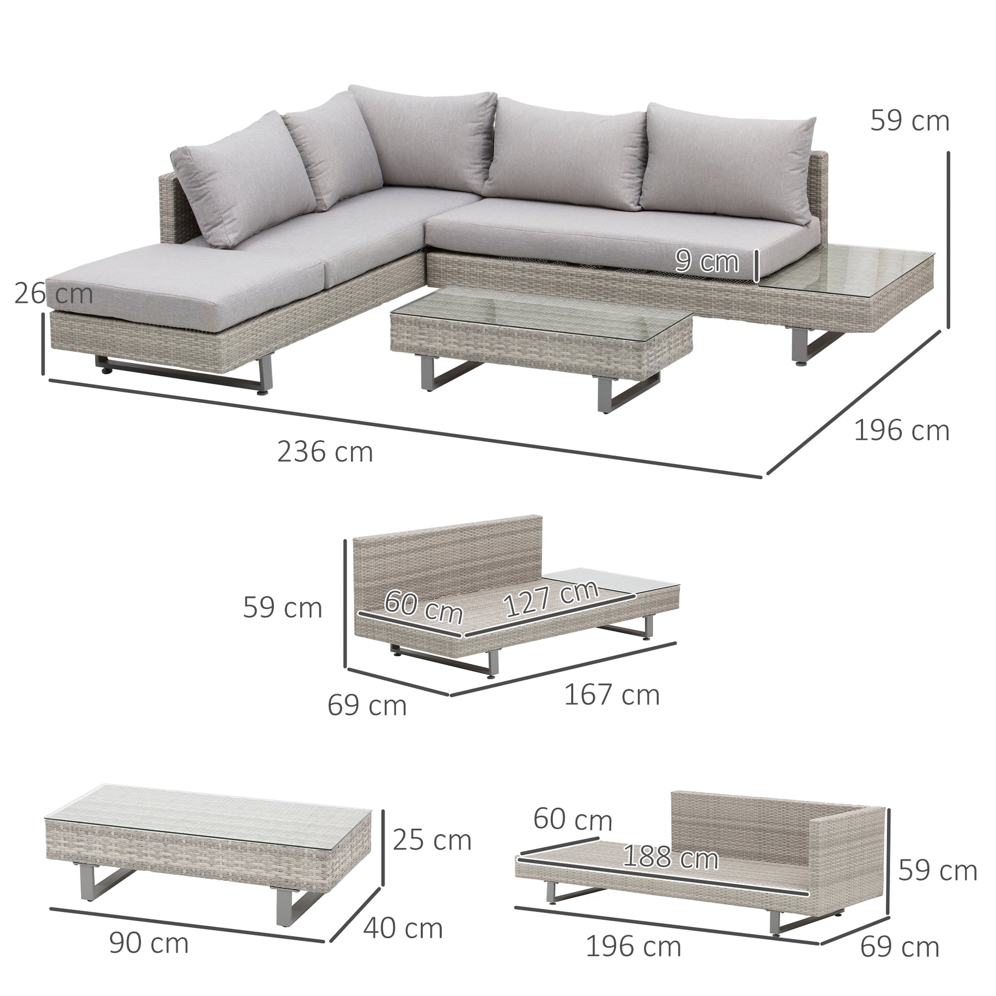 Outsunny Conjunto de Muebles Ratán de 3 Piezas Mesa de Centro Sofá Doble y Sofá de 3 Plazas con Cojines Extraíbles para Exterior Jardín Terraza Patio Acero Gris