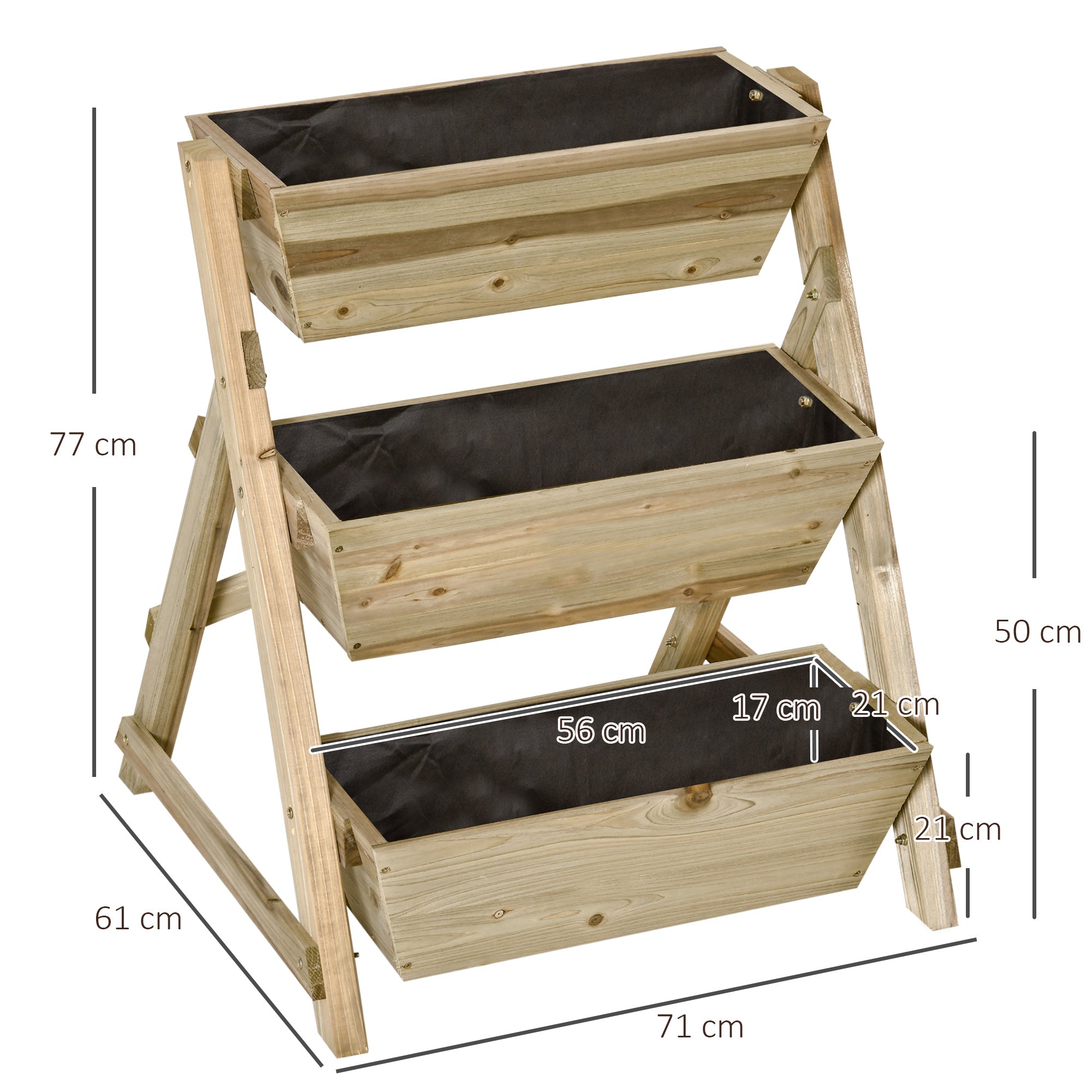 Outsunny Jardinera de Escalera de 3 Niveles Maceteros de Madera Jardinera Vertical con Tela no Tejida y Orificios de Drenaje Huerto Urbano para Plantas Macetas Flores Jardín 71x61x77 cm Natural