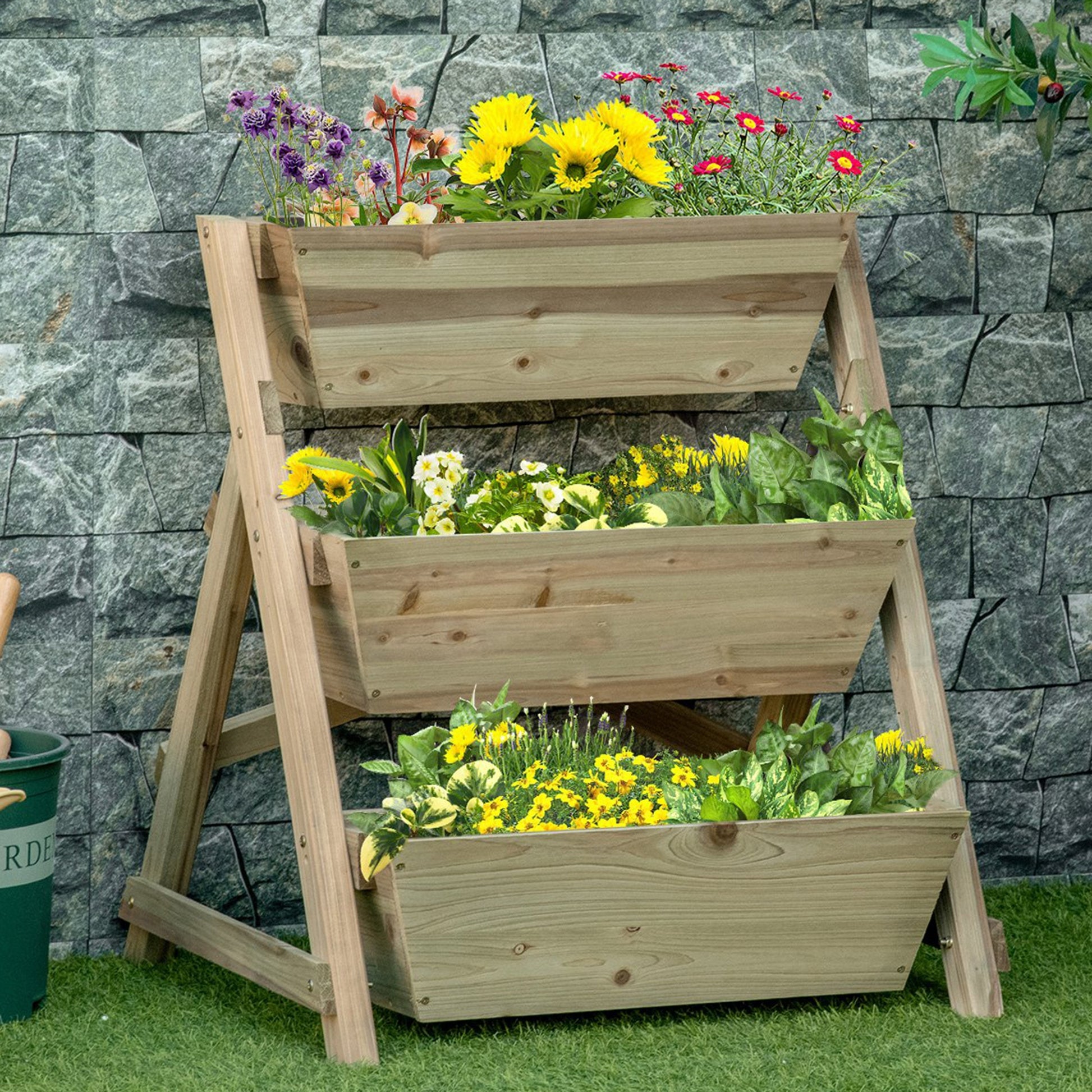 Outsunny Jardinera de Escalera de 3 Niveles Maceteros de Madera Jardinera Vertical con Tela no Tejida y Orificios de Drenaje Huerto Urbano para Plantas Macetas Flores Jardín 71x61x77 cm Natural