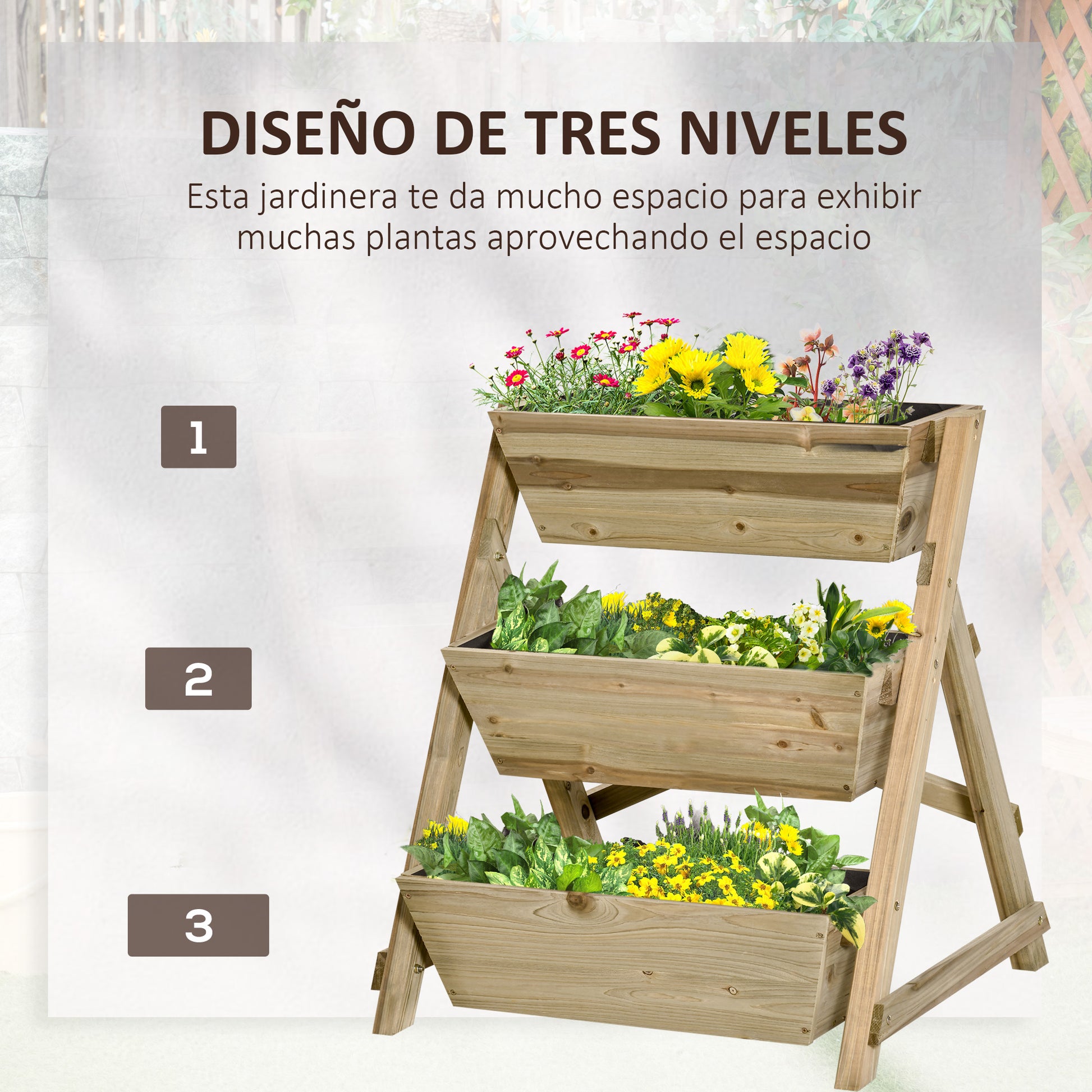 Outsunny Jardinera de Escalera de 3 Niveles Maceteros de Madera Jardinera Vertical con Tela no Tejida y Orificios de Drenaje Huerto Urbano para Plantas Macetas Flores Jardín 71x61x77 cm Natural