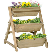 Outsunny Jardinera de Escalera de 3 Niveles Maceteros de Madera Jardinera Vertical con Tela no Tejida y Orificios de Drenaje Huerto Urbano para Plantas Macetas Flores Jardín 71x61x77 cm Natural