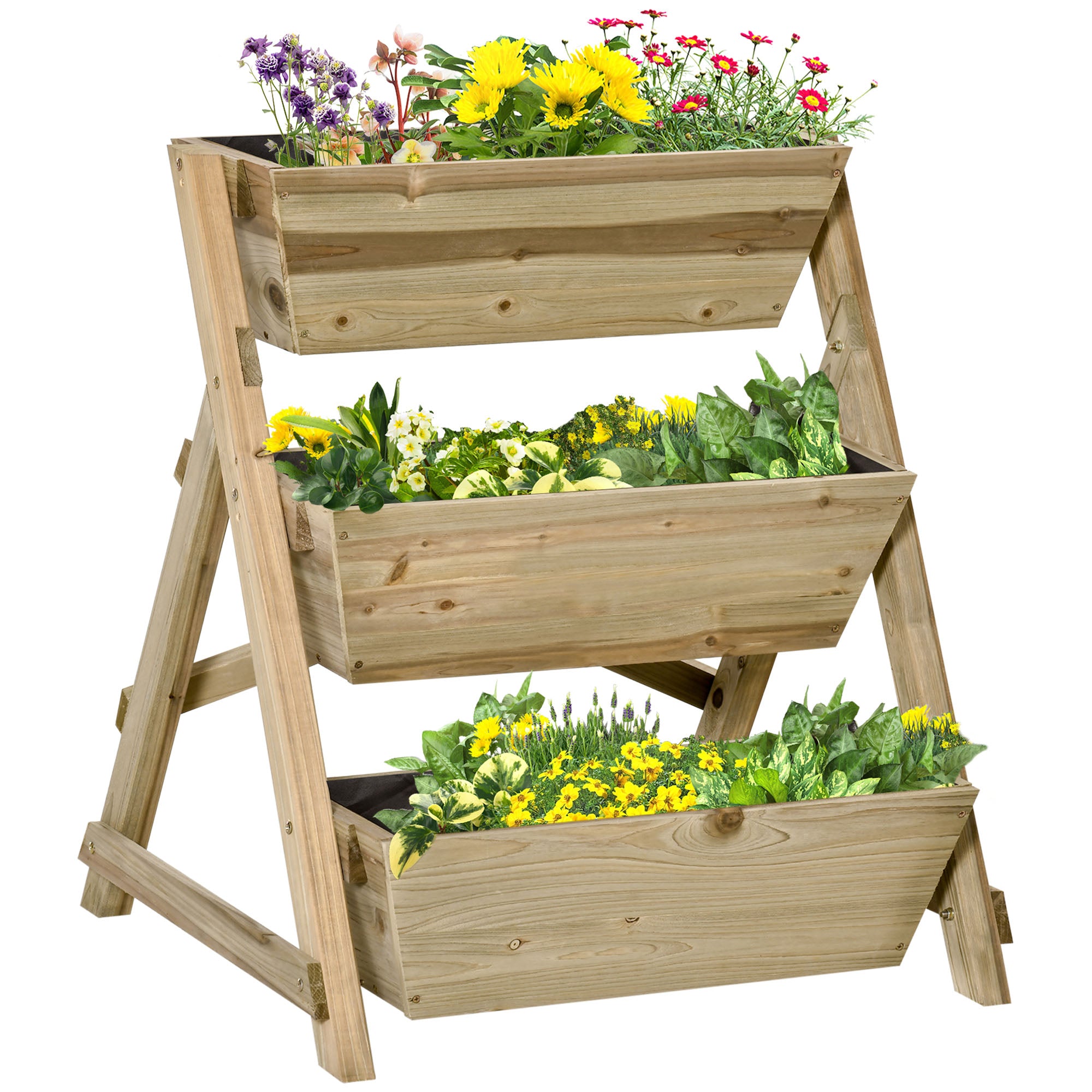 Outsunny Jardinera de Escalera de 3 Niveles Maceteros de Madera Jardinera Vertical con Tela no Tejida y Orificios de Drenaje Huerto Urbano para Plantas Macetas Flores Jardín 71x61x77 cm Natural