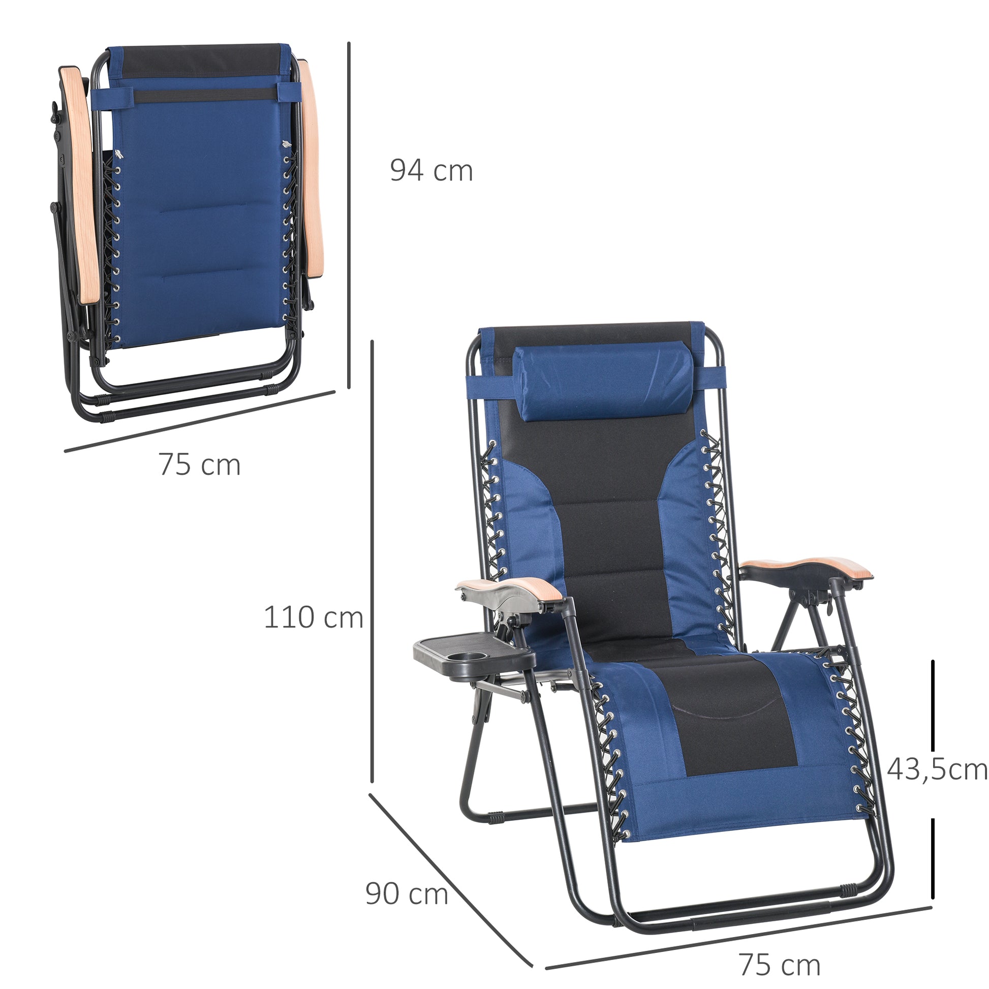 Outsunny Tumbona Plegable y Reclinable de Acero con Portavasos Reposacabezas Extraíble y Reposabrazos para Exterior Jardín 90x75x110 cm Azul