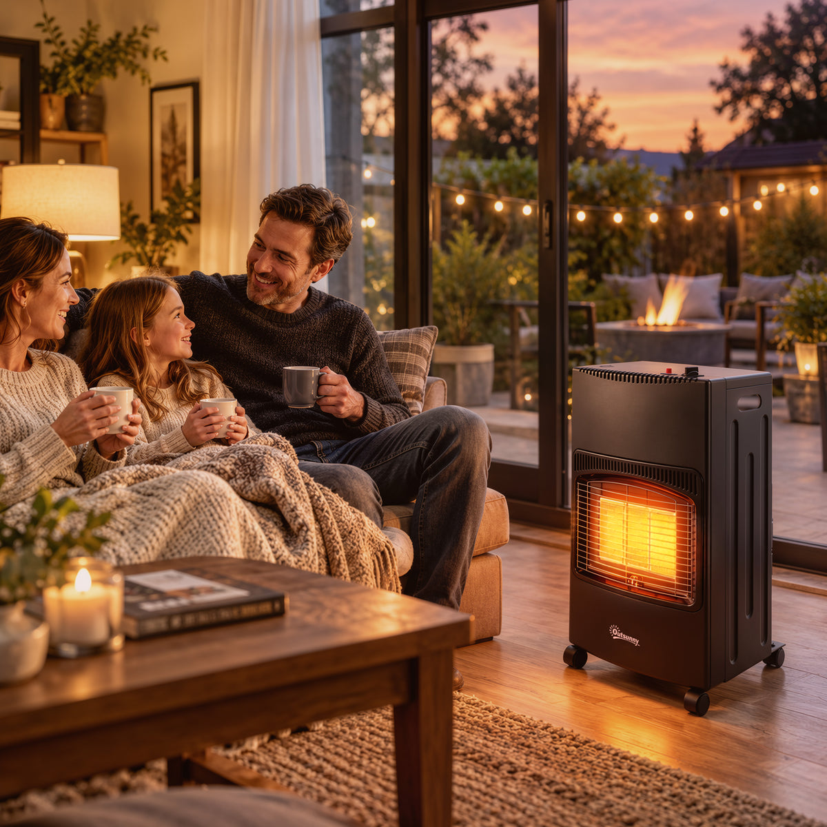 Outsunny Estufa de Gas Butano Exterior, 4,2 kW, Calefactor de Gas Terraza con Sensor ODS, 3 Niveles de Calor, Encendido Piezoeléctrico, Antivuelco, 4 Ruedas, Paneles Laterales Plegables, 25 m², Negro