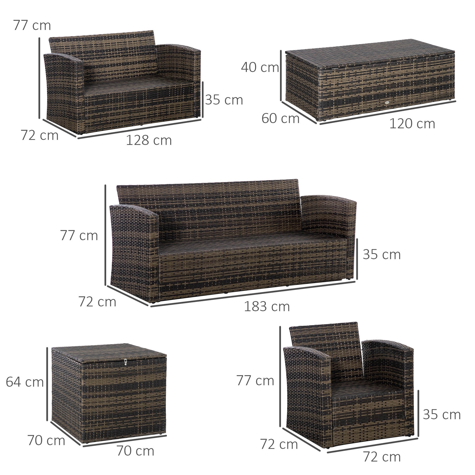 Outsunny Conjunto de Jardín Exterior de Ratán, Conjunto Terraza, Muebles Jardín Exterior 6 Piezas Incluye Cojines, Sofá Doble, Sofá 3 Plazas, 2 Sillones, 2 Mesas Auxiliares con Almacenamiento, Caqui