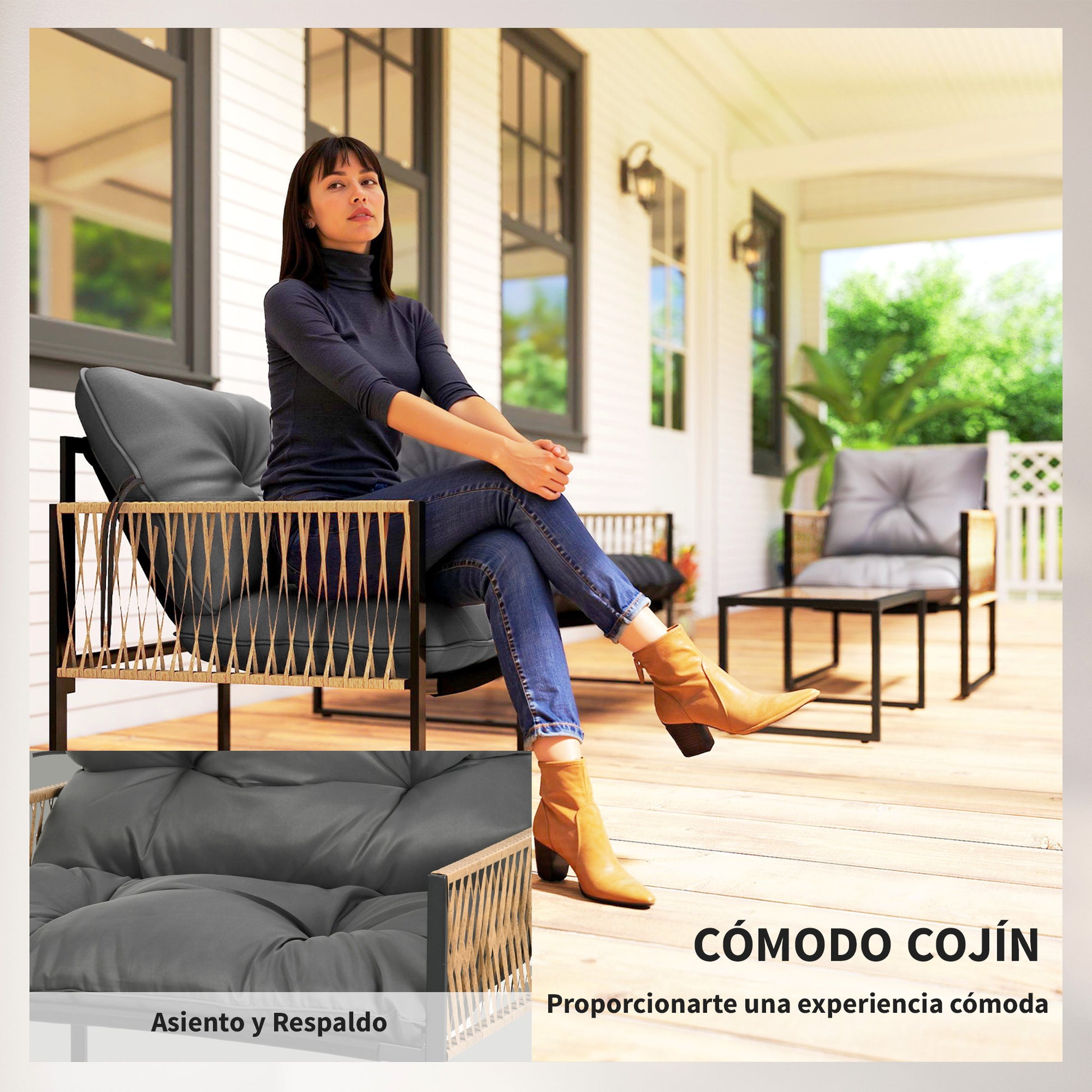 Outsunny Conjunto Jardín Exterior de Ratán, Muebles Jardín Exterior para 4 Piezas, Muebles Terraza con 1 Sofá de 2 Plazas, 2 Sillones, Cojines y 1 Mesa de Tablero de Vidrio, para Patio, Gris y Marrón