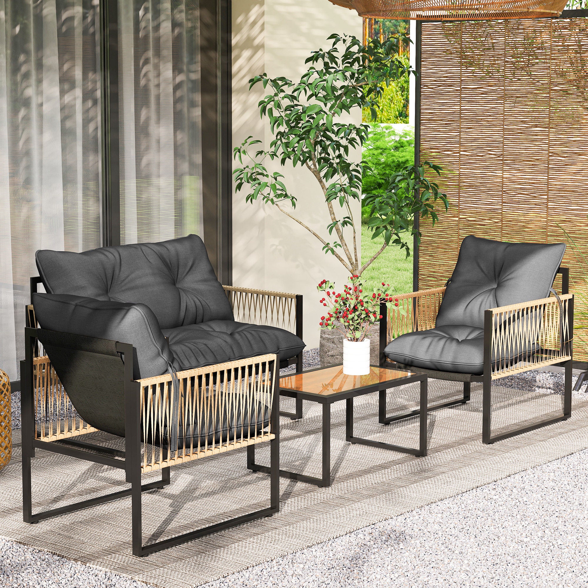 Outsunny Conjunto Jardín Exterior de Ratán, Muebles Jardín Exterior para 4 Piezas, Muebles Terraza con 1 Sofá de 2 Plazas, 2 Sillones, Cojines y 1 Mesa de Tablero de Vidrio, para Patio, Gris y Marrón