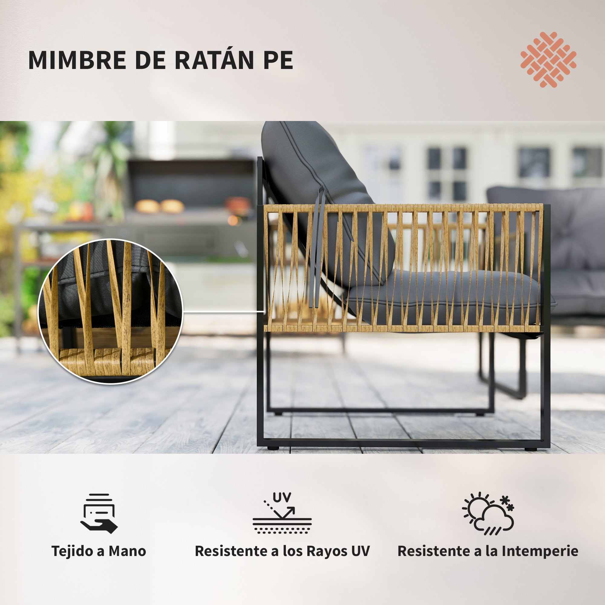 Outsunny Conjunto Jardín Exterior de Ratán, Muebles Jardín Exterior para 4 Piezas, Muebles Terraza con 1 Sofá de 2 Plazas, 2 Sillones, Cojines y 1 Mesa de Tablero de Vidrio, para Patio, Gris y Marrón