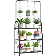 Outsunny Estantería para Plantas de 3 Niveles Soporte para Plantas con Ganchos de Metal Barra para Colgar Soporte para Macetas para Interior y Exterior Negro