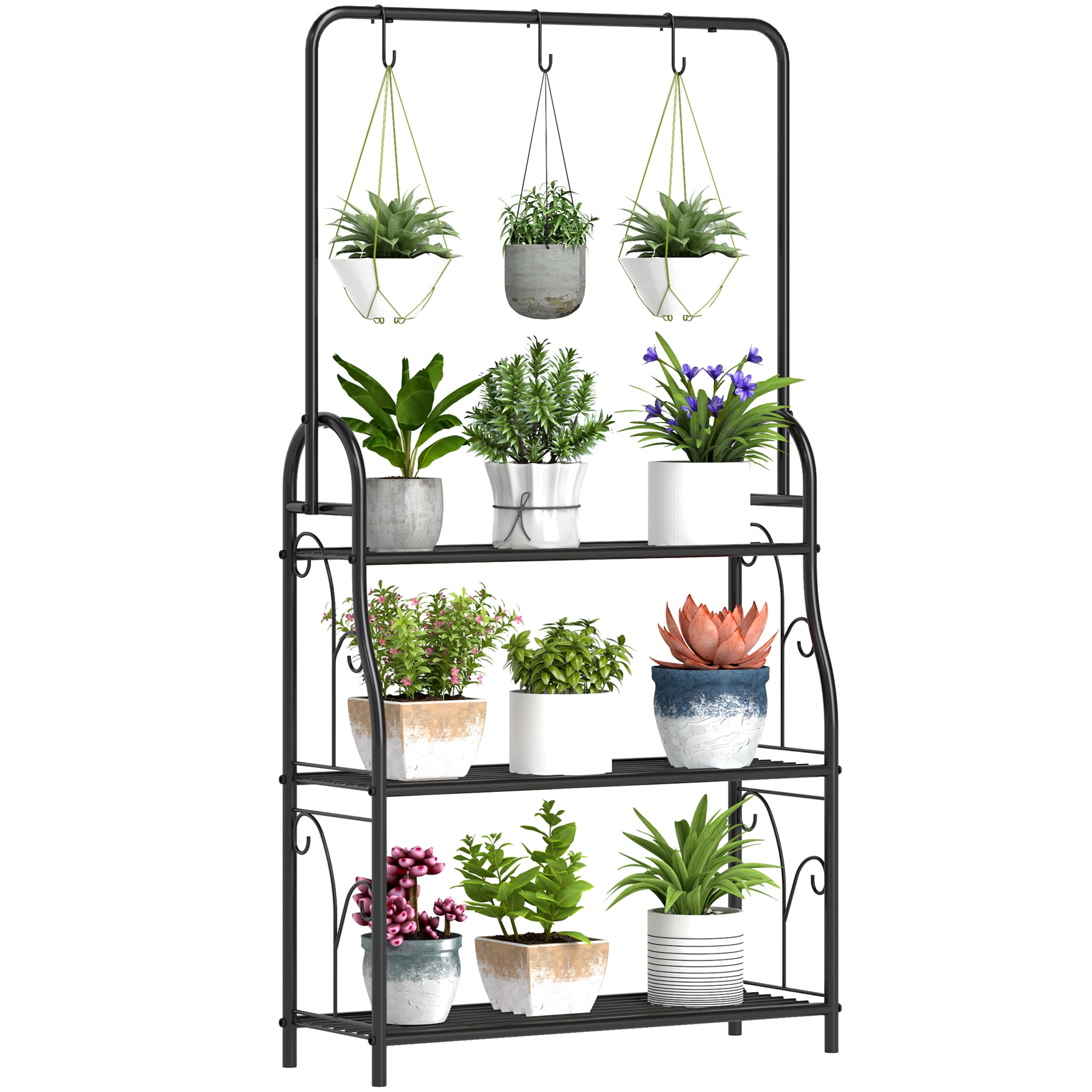 Outsunny Estantería para Plantas de 3 Niveles Soporte para Plantas con Ganchos de Metal Barra para Colgar Soporte para Macetas para Interior y Exterior Negro