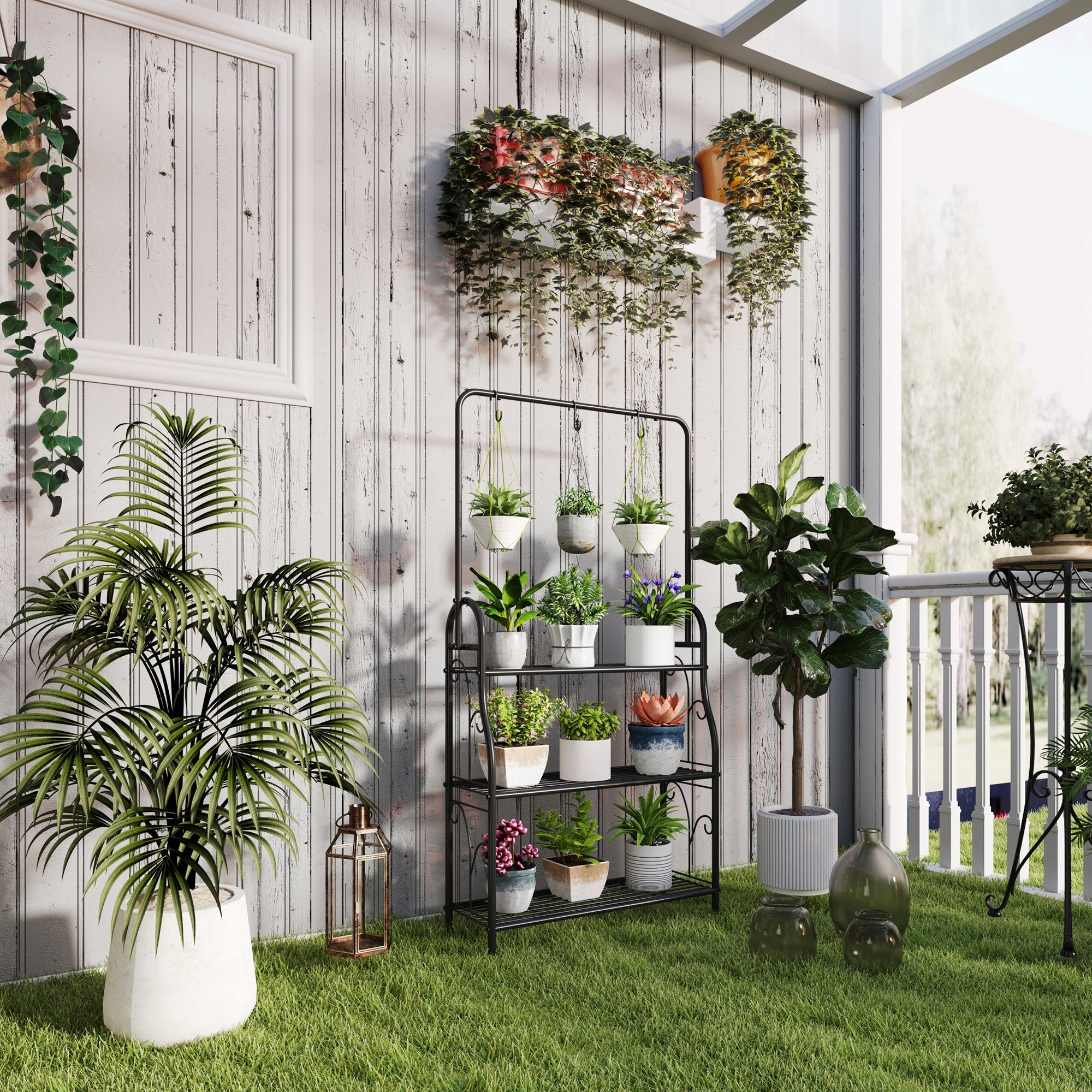 Outsunny Estantería para Plantas de 3 Niveles Soporte para Plantas con Ganchos de Metal Barra para Colgar Soporte para Macetas para Interior y Exterior Negro