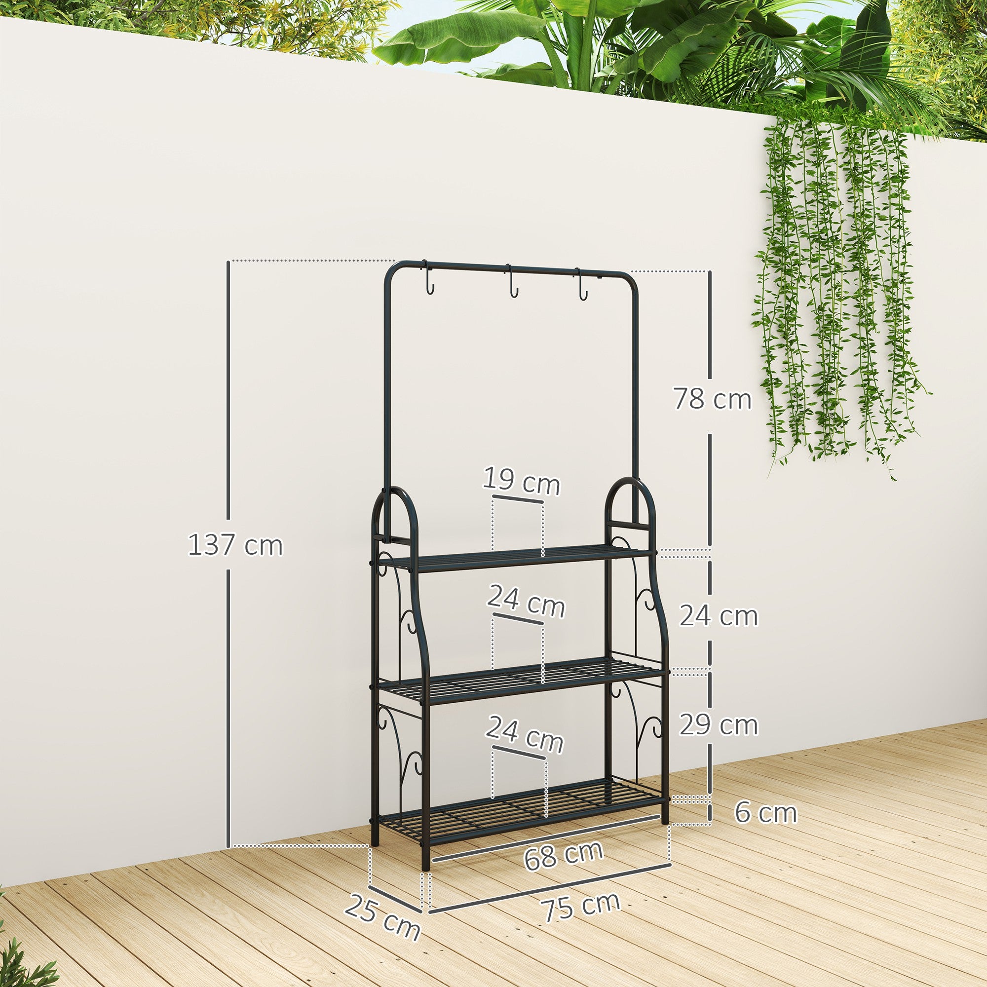 Outsunny Estantería para Plantas de 3 Niveles Soporte para Plantas con Ganchos de Metal Barra para Colgar Soporte para Macetas para Interior y Exterior Negro