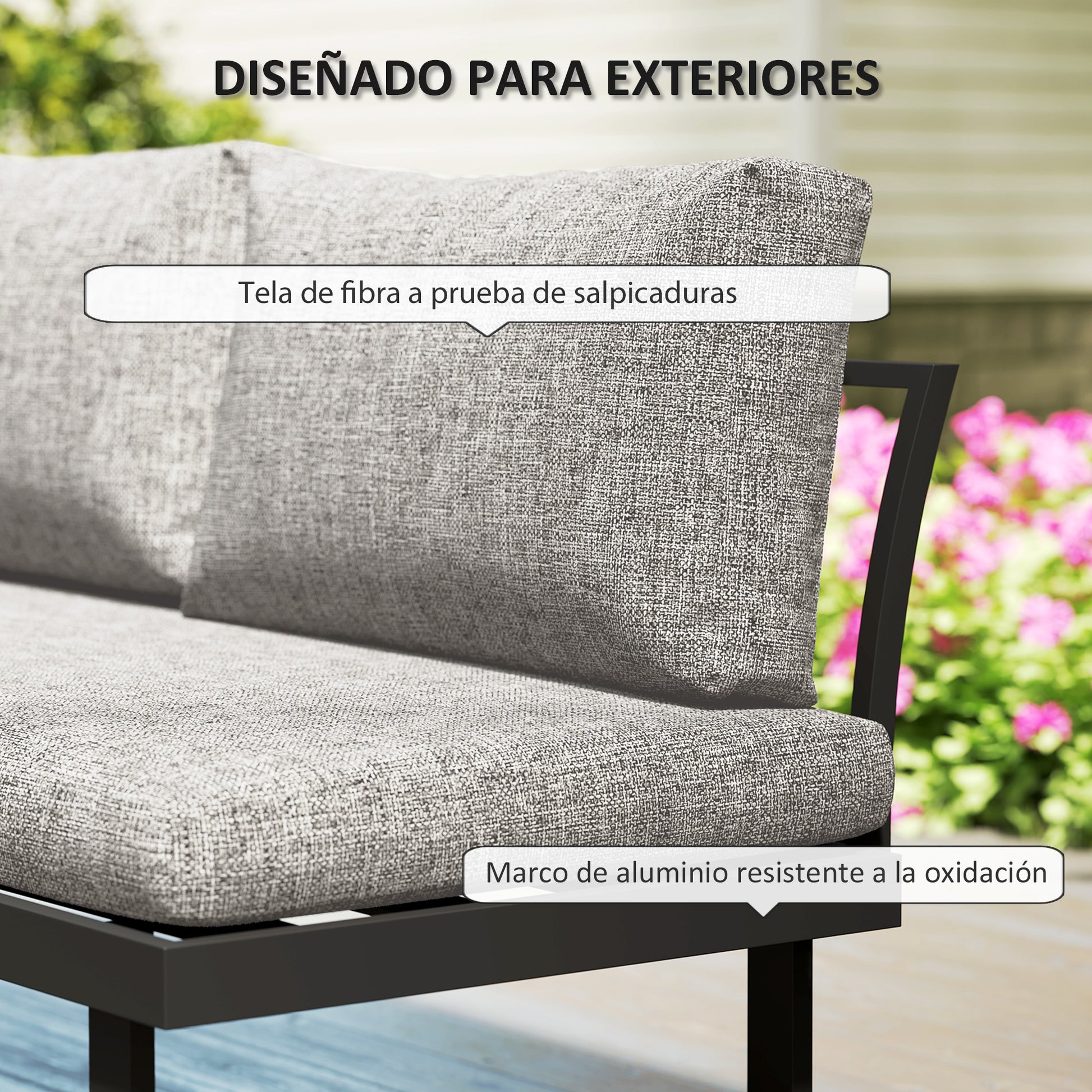 Outsunny Conjunto de Jardín Exterior de 3 Piezas, Sofá Exterior Seccional Resistente con 2 Sofás de 2 Plazas y Mesa de Centro Versátil, Estructura de Aluminio y Cojines, Gris Claro