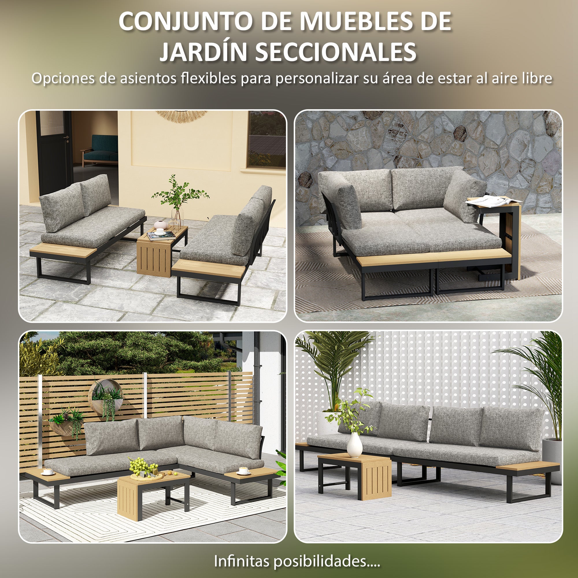 Outsunny Conjunto de Jardín Exterior de 3 Piezas, Sofá Exterior Seccional Resistente con 2 Sofás de 2 Plazas y Mesa de Centro Versátil, Estructura de Aluminio y Cojines, Gris Claro