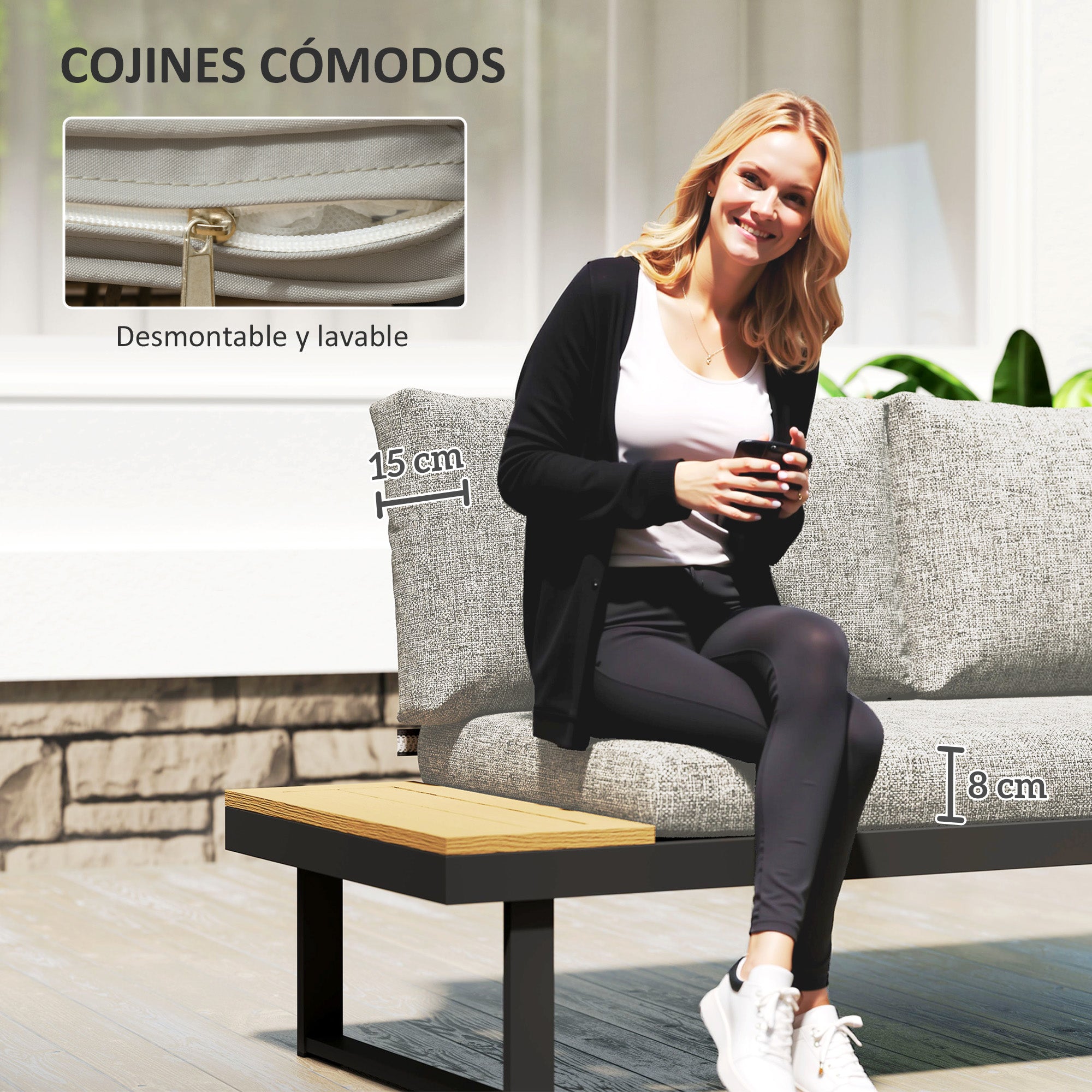 Outsunny Conjunto de Jardín Exterior de 3 Piezas, Sofá Exterior Seccional Resistente con 2 Sofás de 2 Plazas y Mesa de Centro Versátil, Estructura de Aluminio y Cojines, Gris Claro