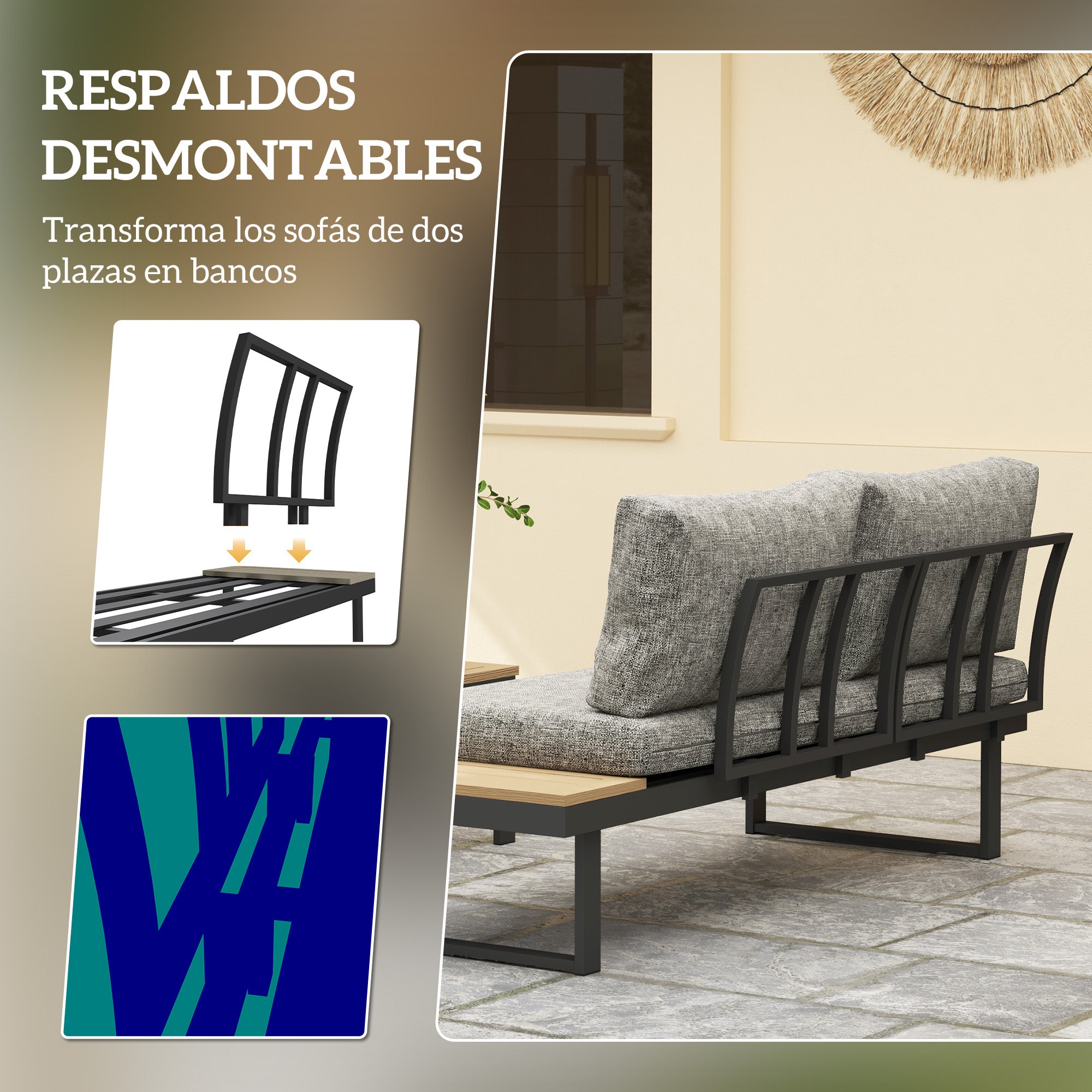 Outsunny Conjunto de Jardín Exterior de 3 Piezas, Sofá Exterior Seccional Resistente con 2 Sofás de 2 Plazas y Mesa de Centro Versátil, Estructura de Aluminio y Cojines, Gris Claro