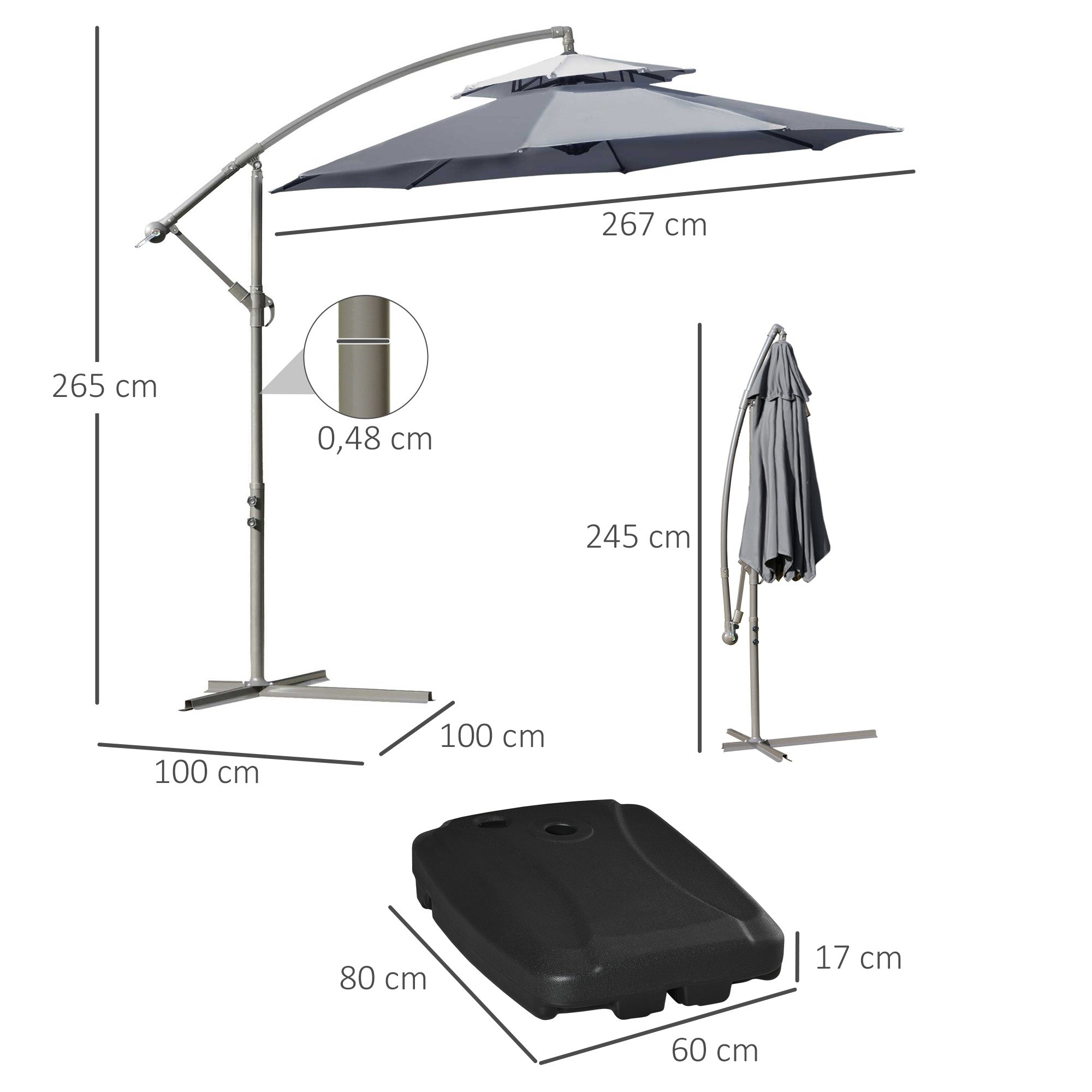 Outsunny Conjunto de Sombrilla Incluye 1 Sombrilla de Jardín Ø267x265 cm y 1 Base de Sombrilla Rellenable de Agua 60 kg Arena 68 kg o Mixto 75 kg Gris y Negro