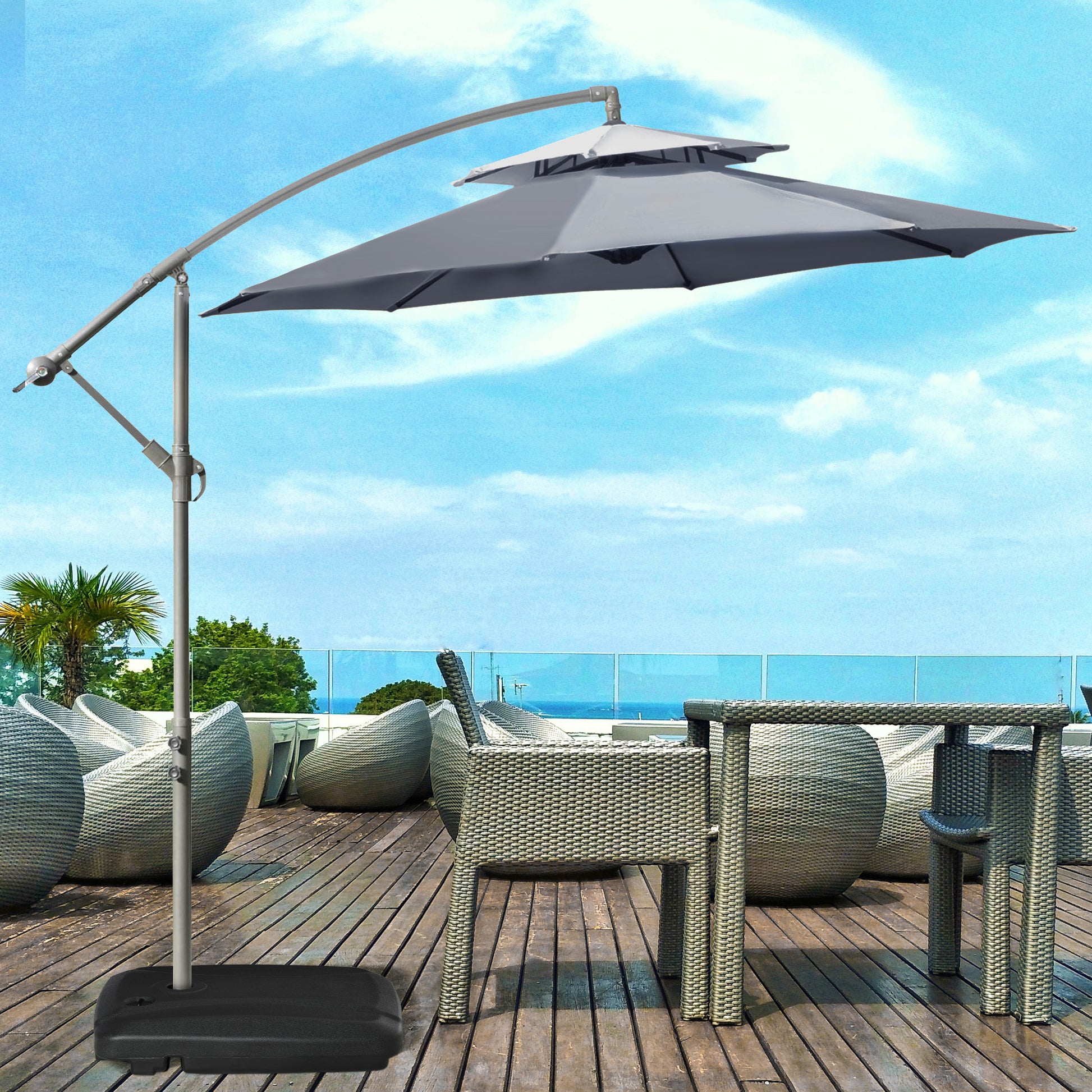 Outsunny Conjunto de Sombrilla Incluye 1 Sombrilla de Jardín Ø267x265 cm y 1 Base de Sombrilla Rellenable de Agua 60 kg Arena 68 kg o Mixto 75 kg Gris y Negro