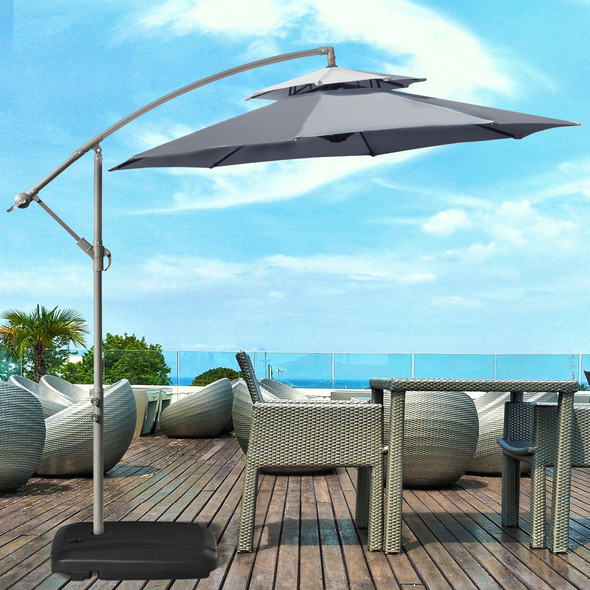 Outsunny Conjunto de Sombrilla Incluye 1 Sombrilla de Jardín Ø267x265 cm y 1 Base de Sombrilla Rellenable de Agua 60 kg Arena 68 kg o Mixto 75 kg Gris y Negro