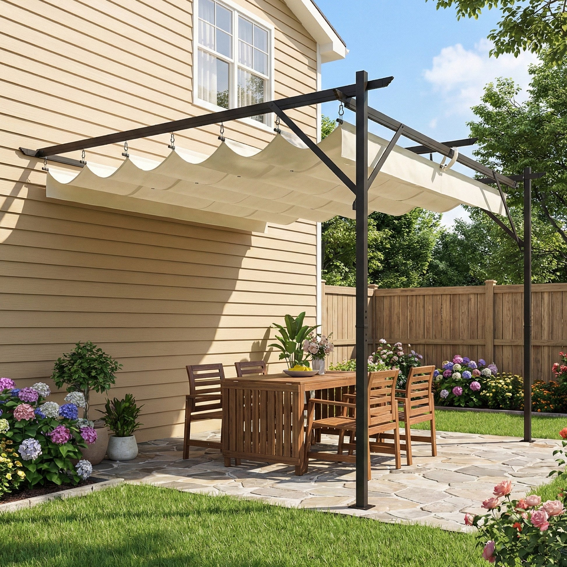 Outsunny Pérgola de Pared de Jardín 3x3 m, Cenador de Jardín con Techo Retráctil, Protección UPF30+, Orificios de Drenaje y Estructura Metálica, Pabellón para Patio, Terraza, Exterior, Blanco Crema