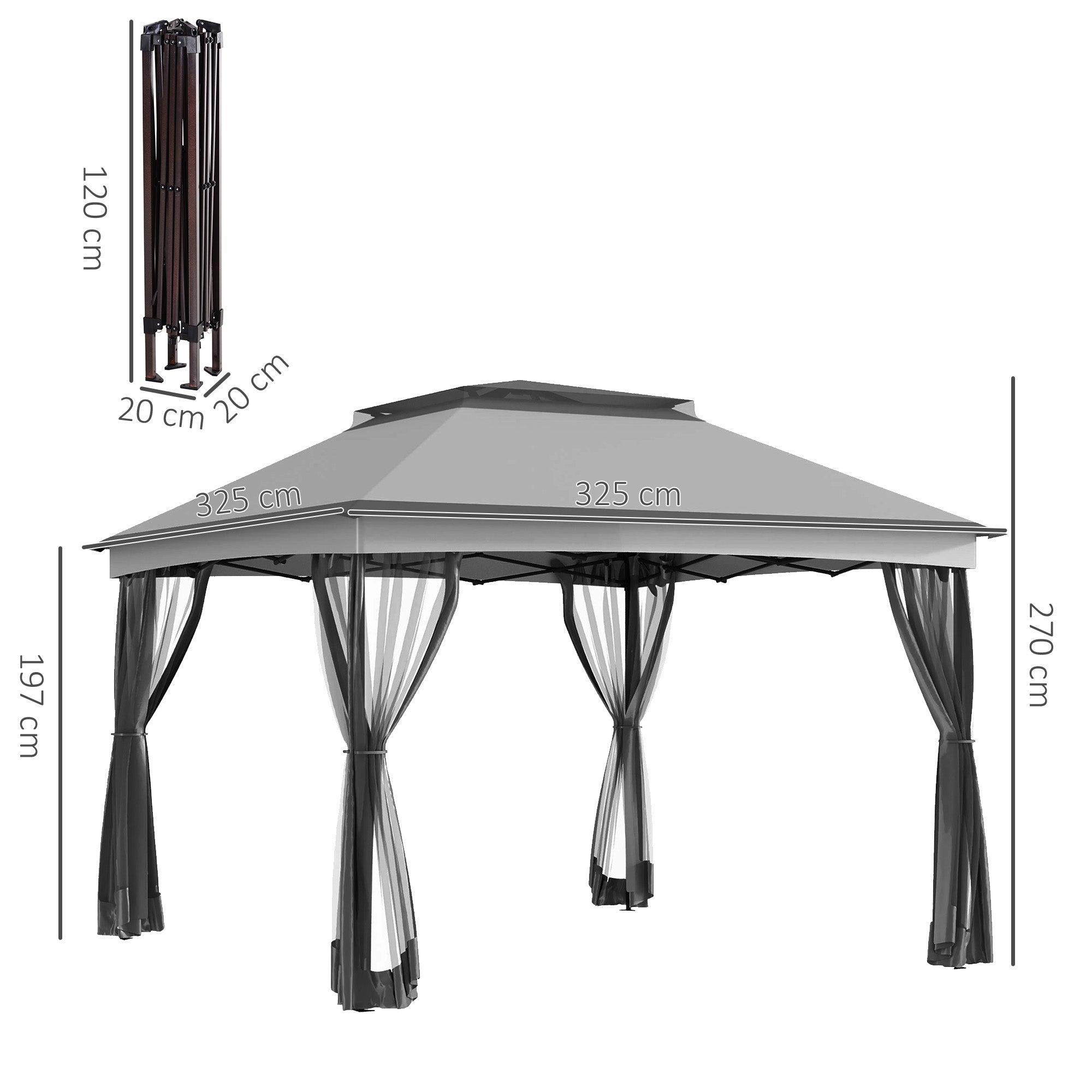 Outsunny Carpa Plegable Gazebo 3,3x3,3 m Cenador Plegable con 4 Paredes Laterales de Malla Anti-UV y Bolsa de Transporte para Camping Fiestas Gris Claro