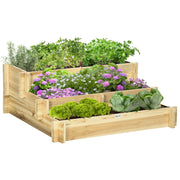 Outsunny Jardinera de Madera Arriate de Jardín de 3 Niveles con Diseño de Escalera y Tela no Tejida Huerto Urbano para Cultivos Plantas Flores para Terraza Jardín 93x93x35 cm Natural