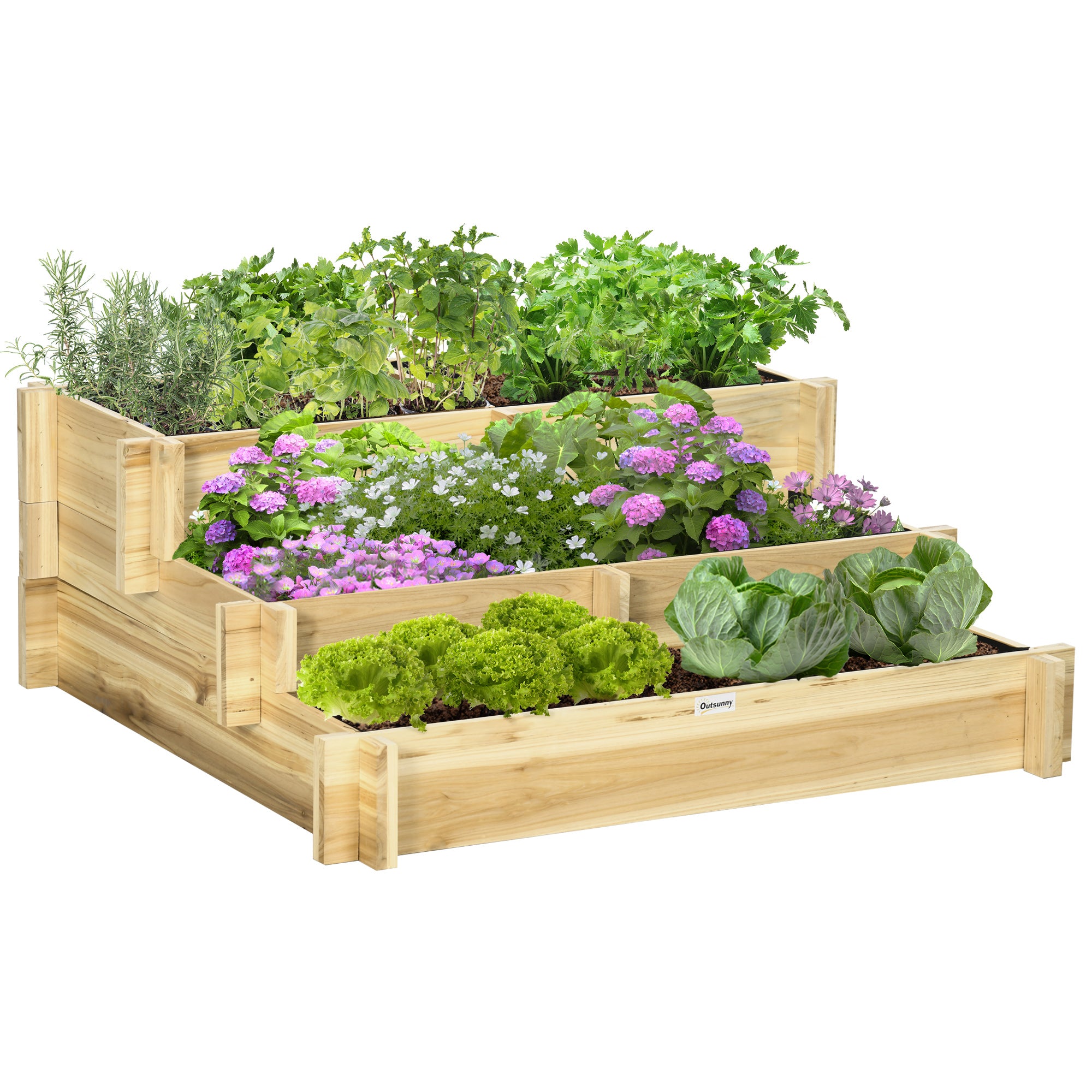 Outsunny Jardinera de Madera Arriate de Jardín de 3 Niveles con Diseño de Escalera y Tela no Tejida Huerto Urbano para Cultivos Plantas Flores para Terraza Jardín 93x93x35 cm Natural