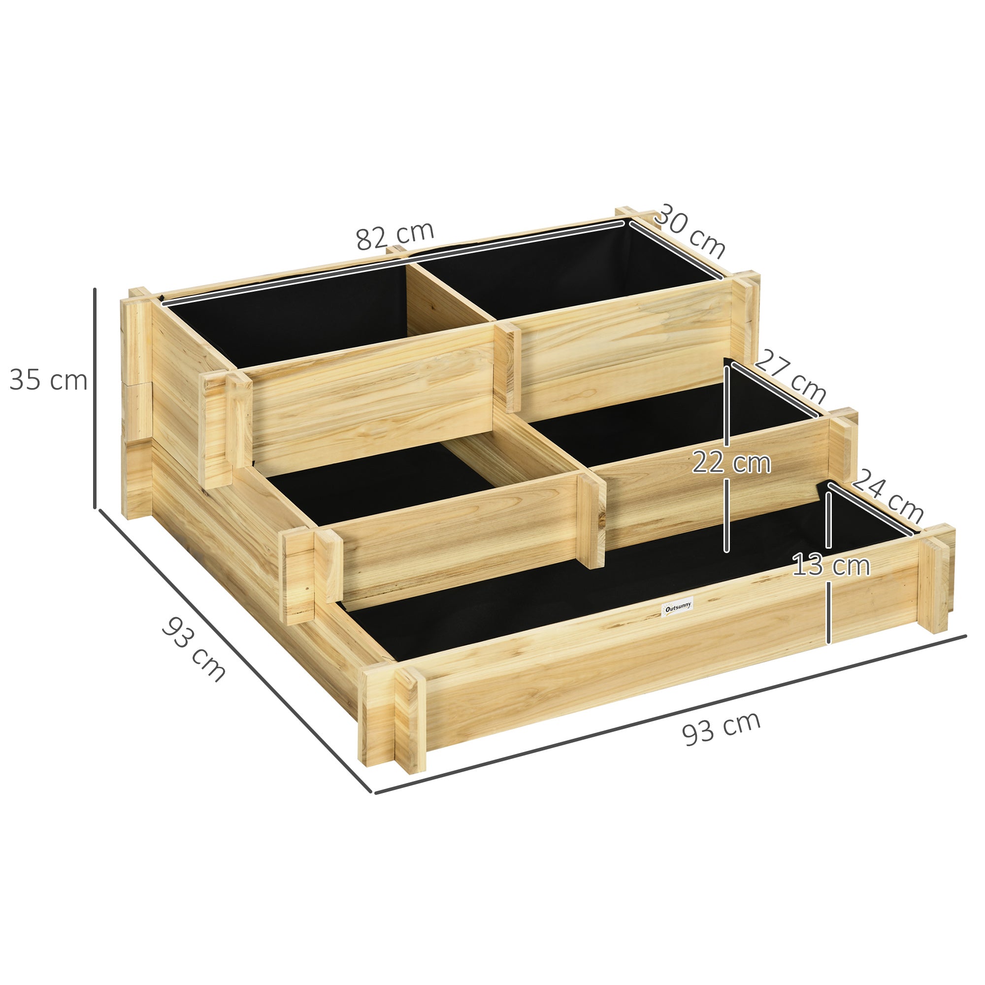 Outsunny Jardinera de Madera Arriate de Jardín de 3 Niveles con Diseño de Escalera y Tela no Tejida Huerto Urbano para Cultivos Plantas Flores para Terraza Jardín 93x93x35 cm Natural