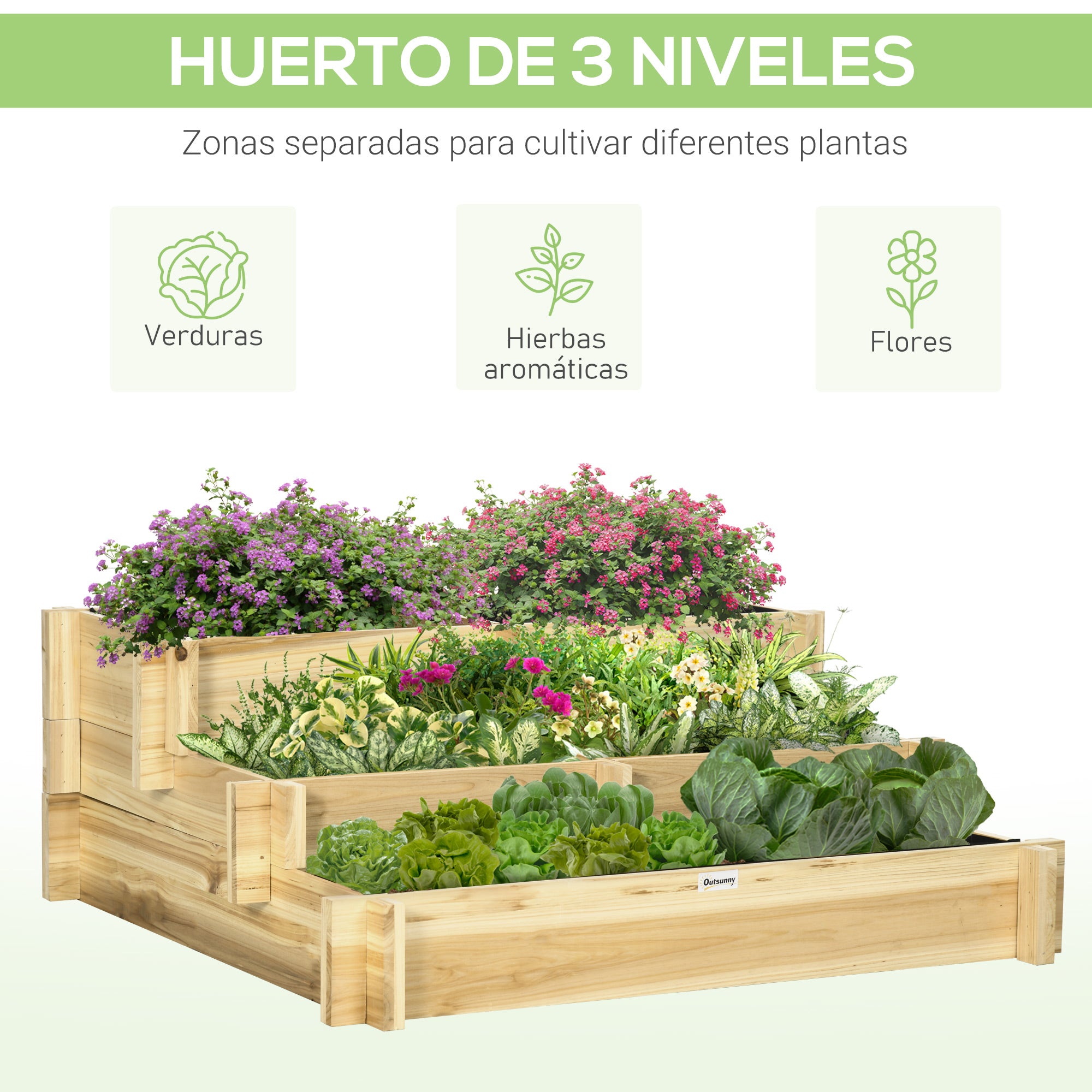 Outsunny Jardinera de Madera Arriate de Jardín de 3 Niveles con Diseño de Escalera y Tela no Tejida Huerto Urbano para Cultivos Plantas Flores para Terraza Jardín 93x93x35 cm Natural