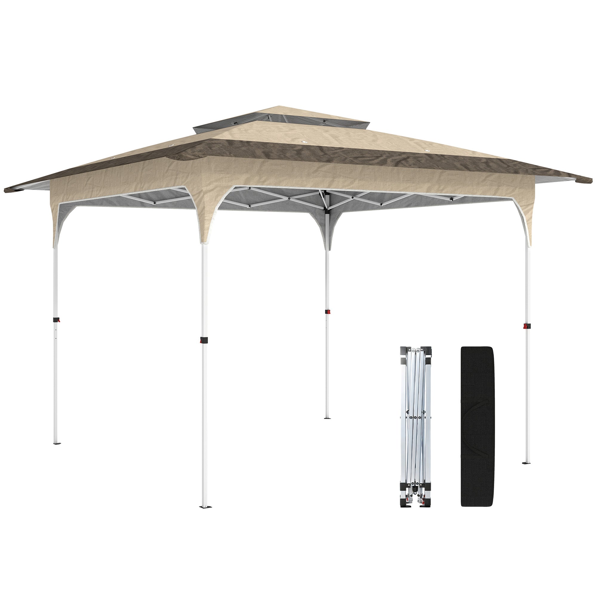 Outsunny Carpa Plegable 3,5x3,5 m, Pop-up, Cenador Pabellón de Jardín con Doble Techo, Cierre Central, UPF50+, Altura Ajustable de 3 Niveles y Bolsa de Transporte, Gazebo para Fiestas, Exterior, Caqui