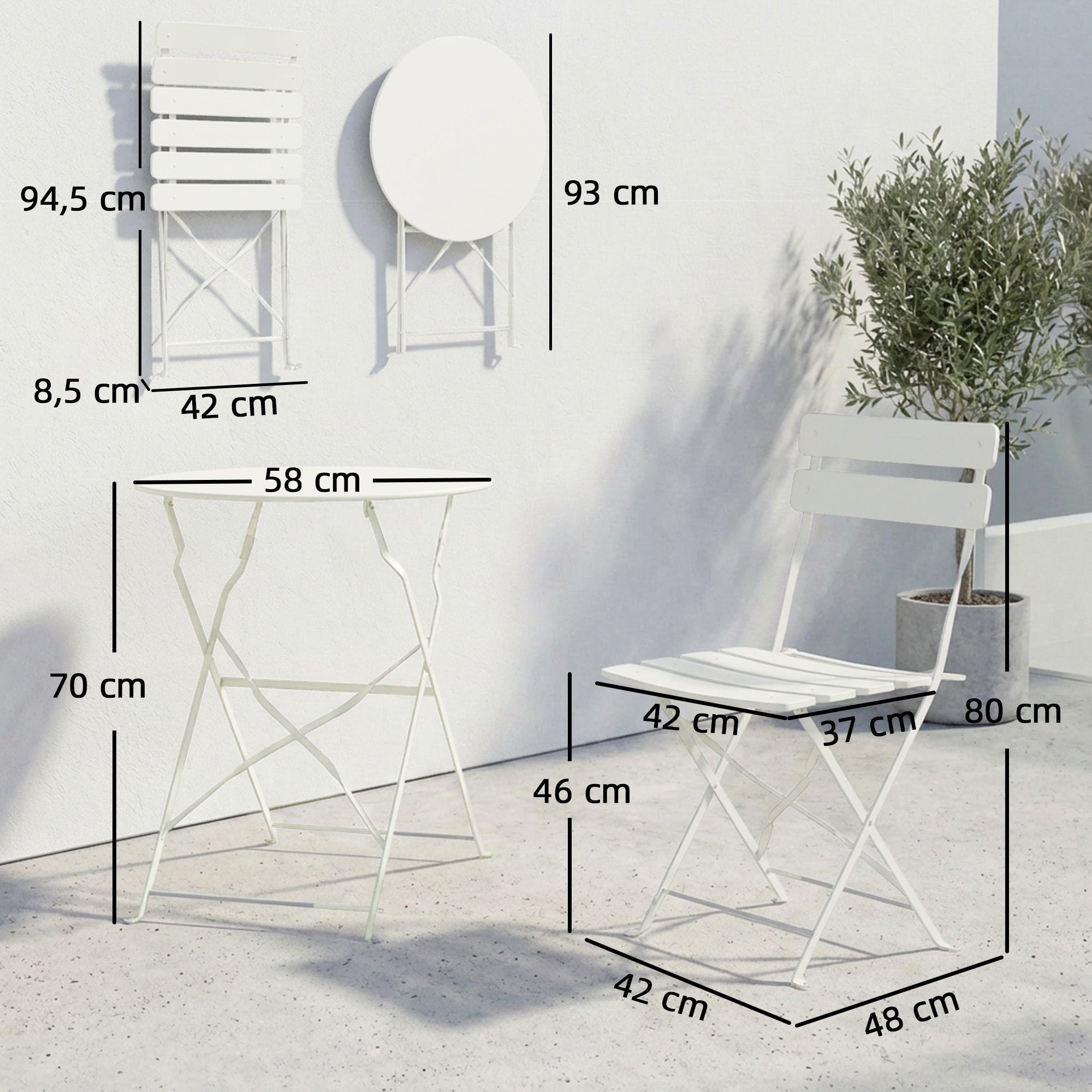 Outsunny Conjunto de Mesa y Sillas de Terraza Exterior Plegable 3 Piezas, Muebles de Jardín Exterior con 2 Sillas Plegables, Mesa Redonda, Estructura Metálica Electrofórica para Patio, Balcón, Crema