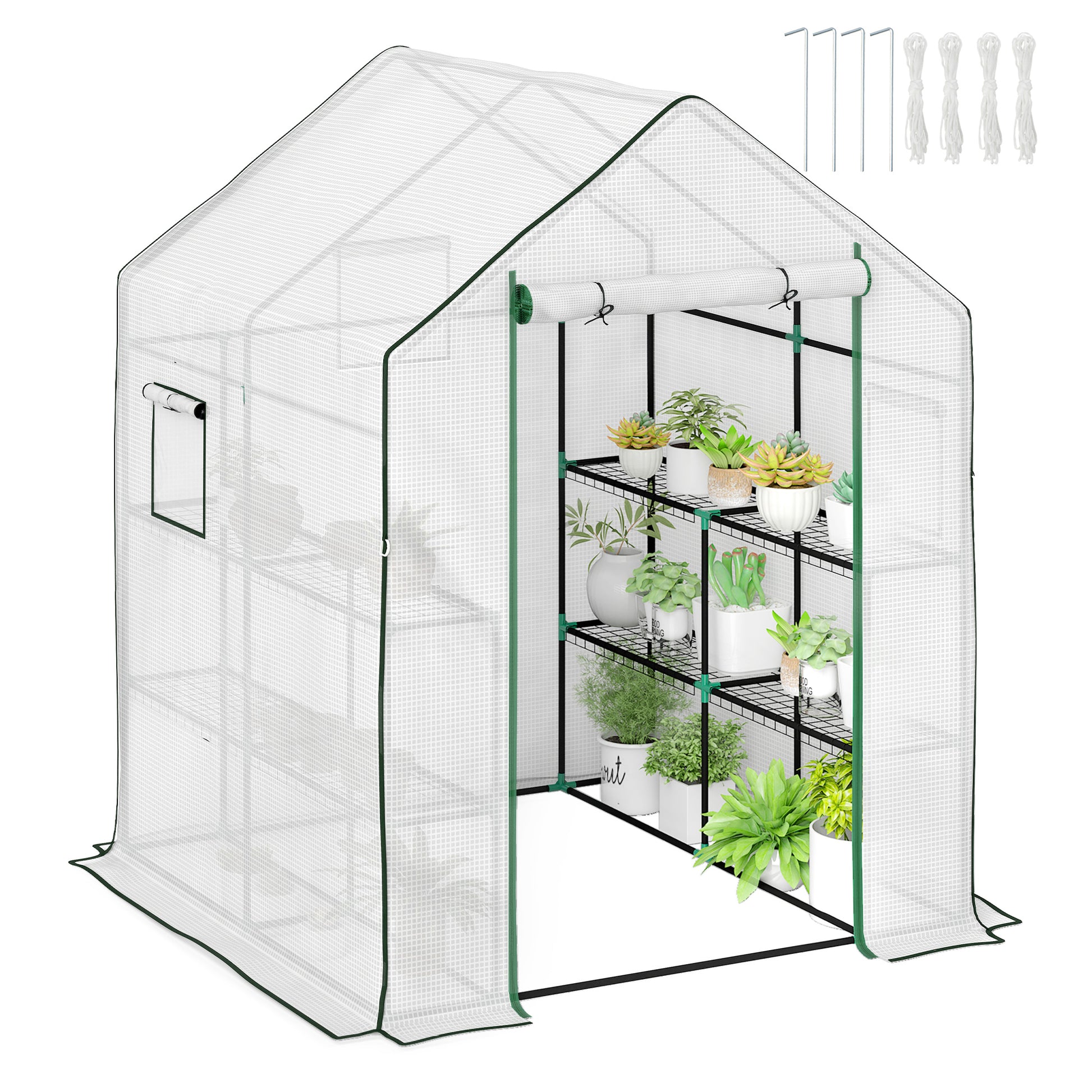 Outsunny Invernadero de Exterior Invernadero Pequeño de 3 Niveles con 6 Estantes Puerta Enrollable Cubierta de PE y Marco de Acero para Cultivos Plantas Flores 140x143x190 cm Blanco