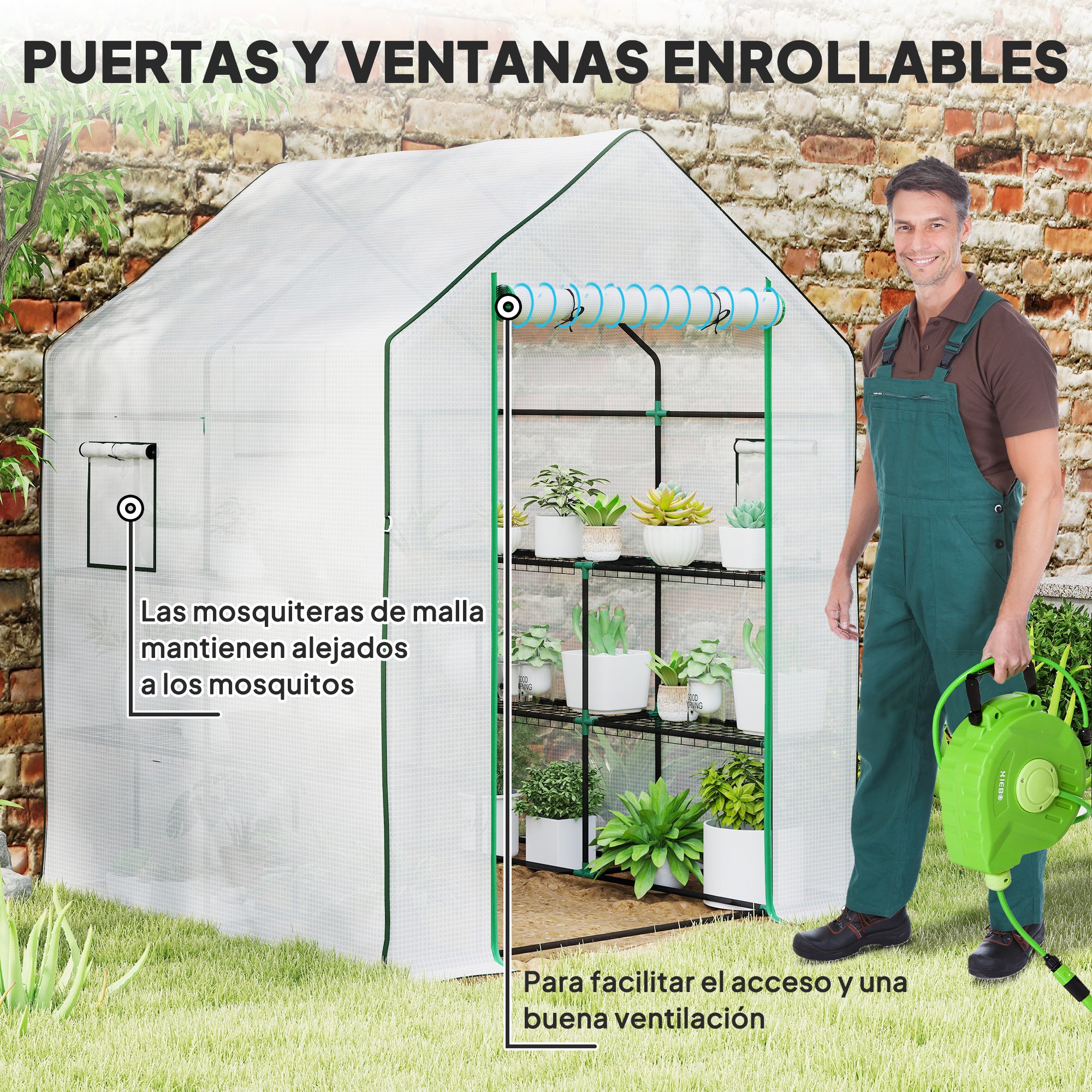 Outsunny Invernadero de Exterior Invernadero Pequeño de 3 Niveles con 6 Estantes Puerta Enrollable Cubierta de PE y Marco de Acero para Cultivos Plantas Flores 140x143x190 cm Blanco