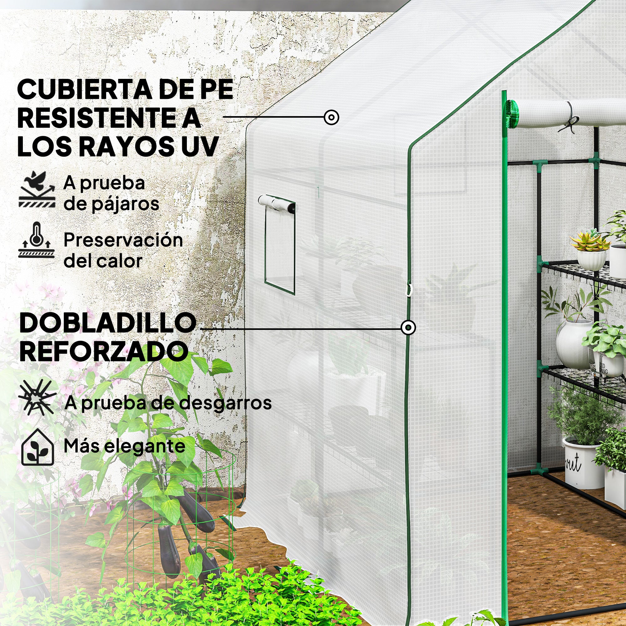Outsunny Invernadero de Exterior Invernadero Pequeño de 3 Niveles con 6 Estantes Puerta Enrollable Cubierta de PE y Marco de Acero para Cultivos Plantas Flores 140x143x190 cm Blanco